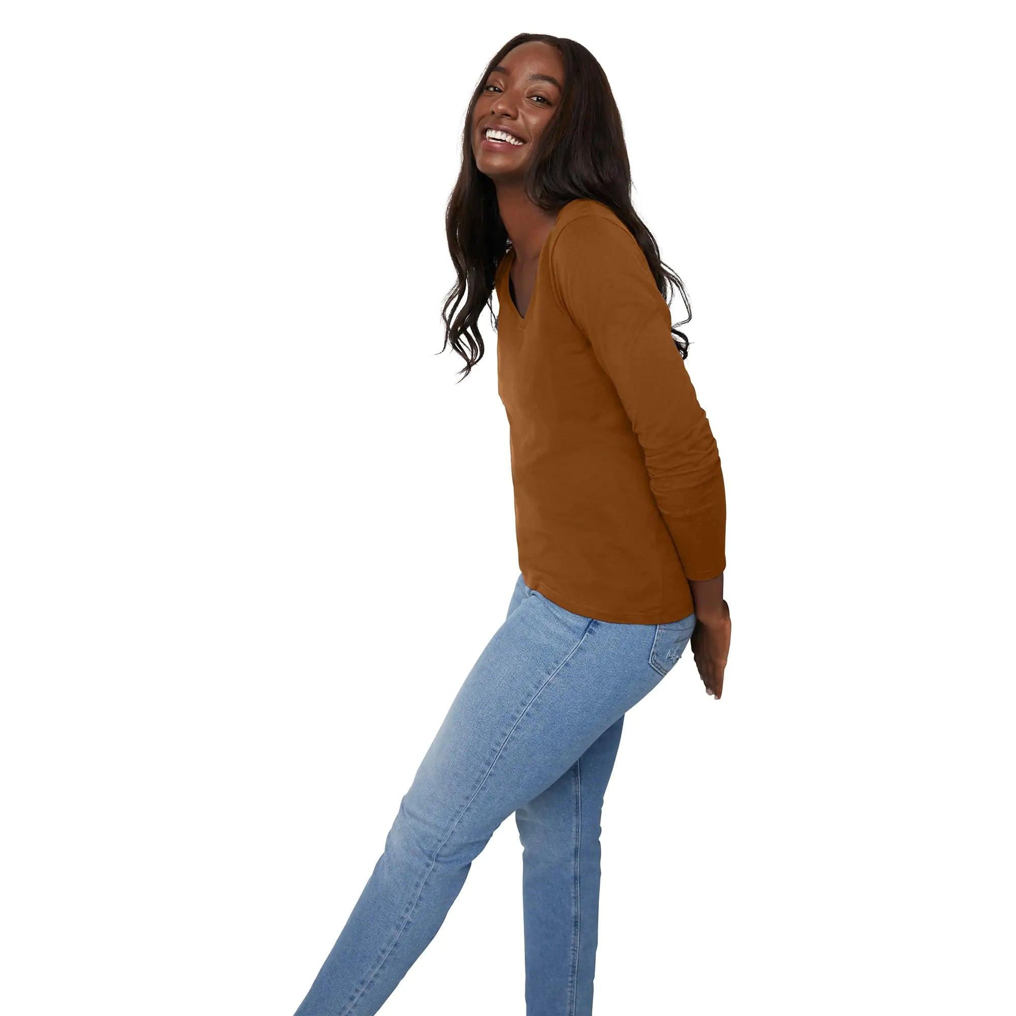 Hanes Womens Originals Long Sleeve Cotton V-Neck T-Shirt, Lightweight V-Neck Tee, Modern Fit Medium Allgood Gold - Evallys.com # #