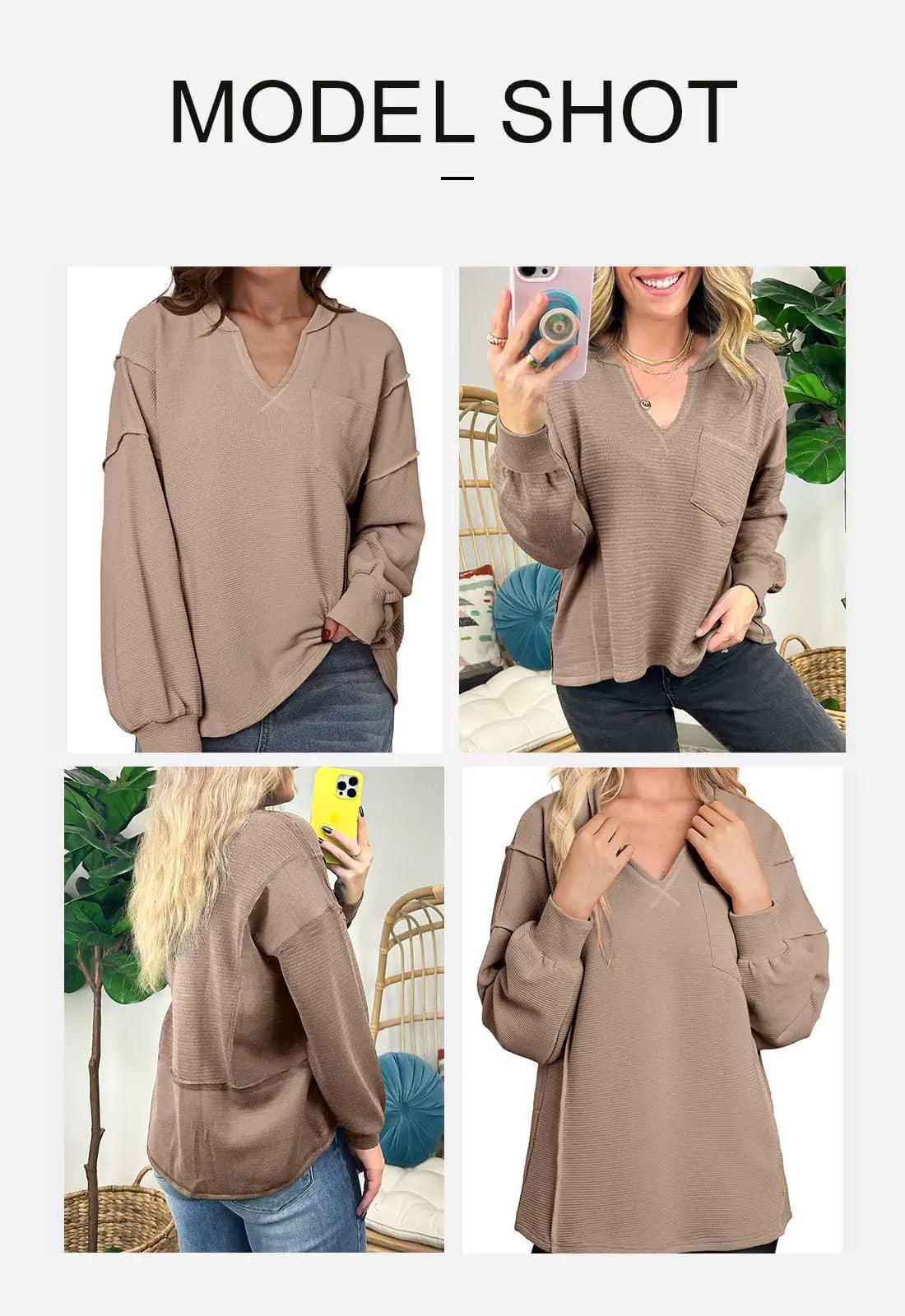 BLENCOT Womens Casual Sweatshirts Crew Neck Long Sleeve 2024 Fashion Waffle Knitted Blouse Pullover Tops with Pocket XX-Large A6016 Kahki - Evallys.com