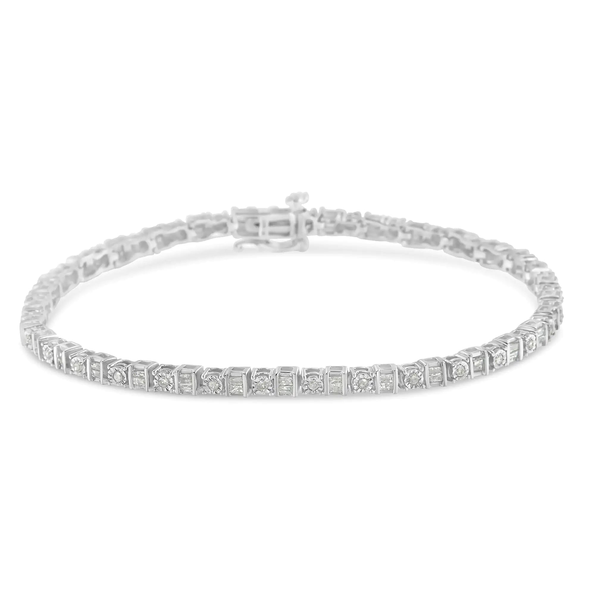 .925 Sterling Silver 1.0 Cttw Round & Baguette Cut Diamond 7" Alternating Round and Square Station Tennis Bracelet (I-J Color, I3 Clarity) - Evallys.com # #