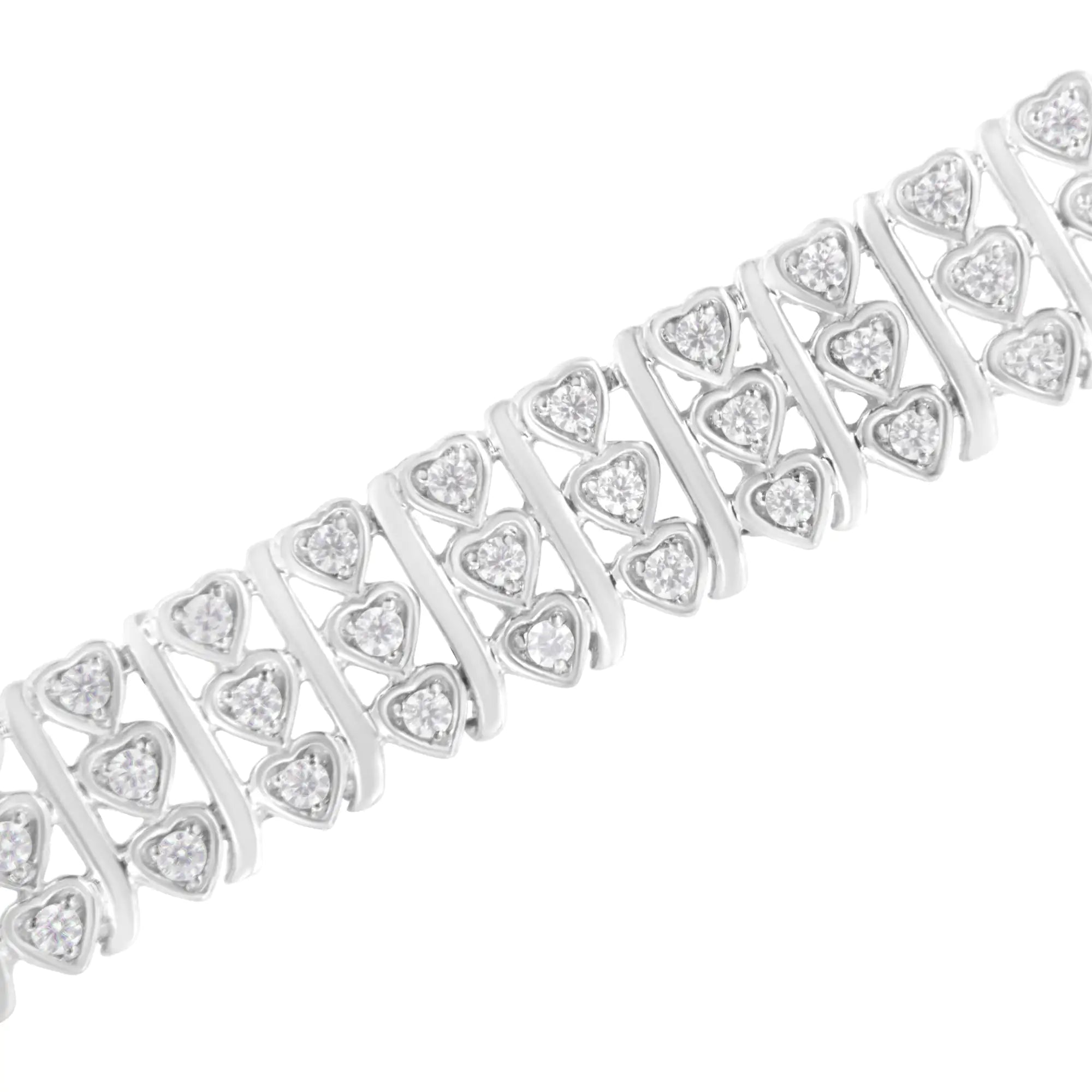 .925 Sterling Silver 1 1/2 cttw Round Diamond 3 Row Heart Link Bracelet (I-J Color,I3 Clarity) - 7.25 " - Evallys.com # #