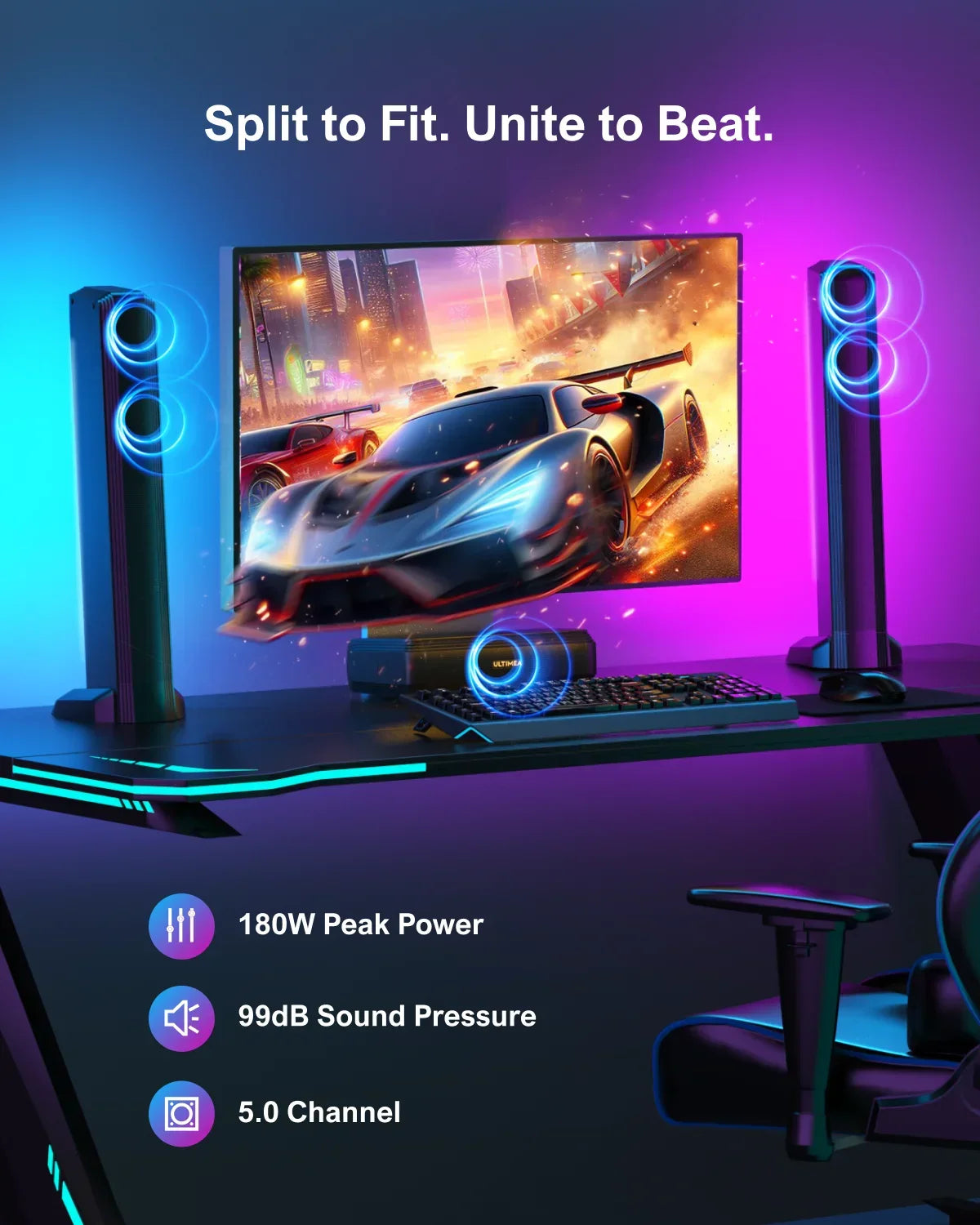 ULTIMEA 180W 5.0 Sound Bar for tv, PC SoundBar with RGB for Home Theater, Detachable Soundbar with App Control, HDMI-ARC/Opt/AUX - Evallys.com
