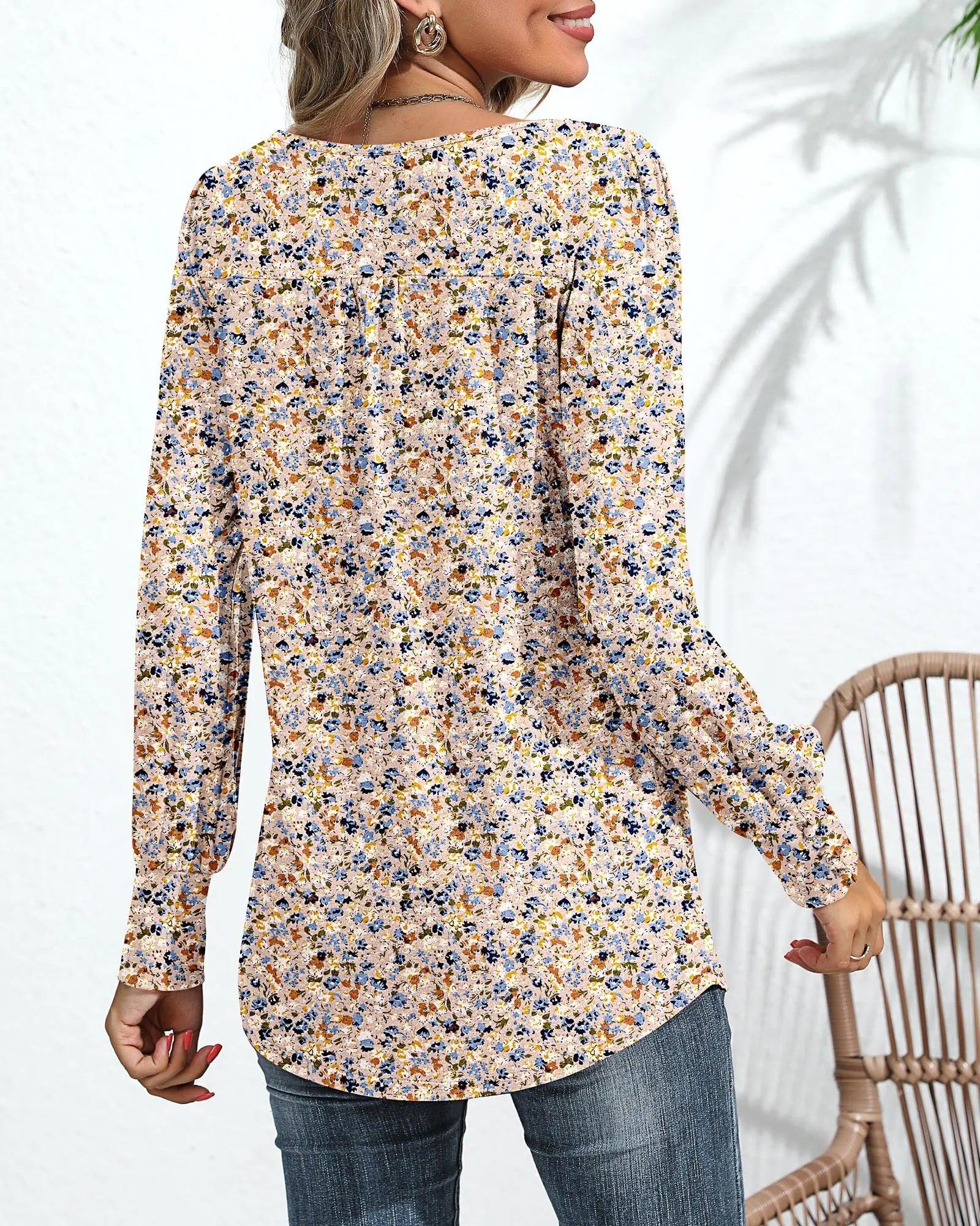 Ficerd Women's Puff Long Sleeve Tunic Tops Pleated Crew Neck Blouses Dressy Casual Loose Fit Fall and Winter Shirts Pink Floral Large - Evallys.com