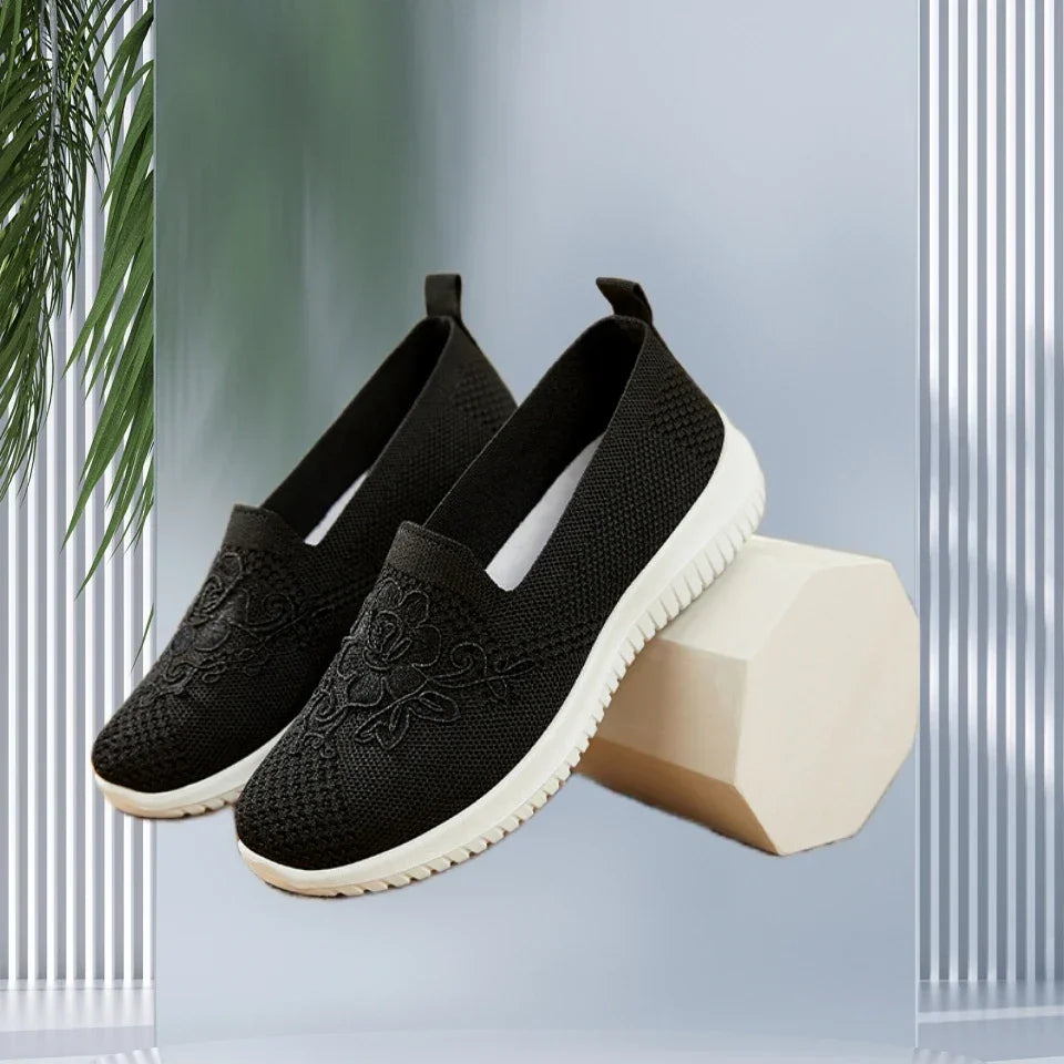 Women’s Breathable Hollow Flats – Slip-On Mesh Loafers with Floral Design - Evallys.com