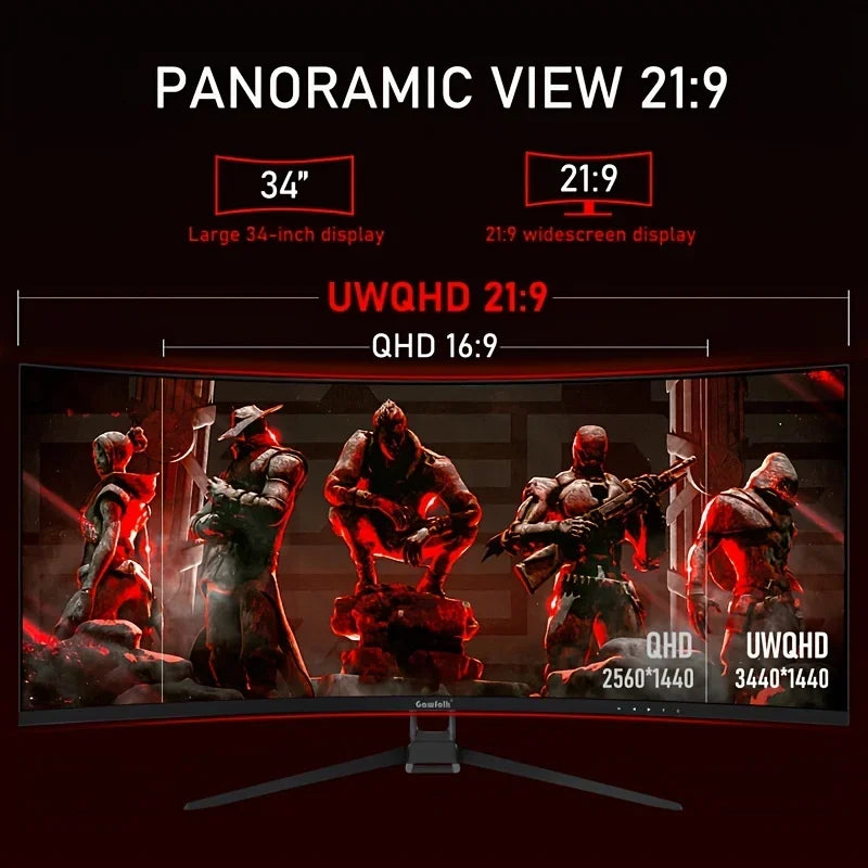 A 34-inch ultra-large curved gaming monitor with 4K HD picture quality, a 165Hz high refresh rate, and a 1500R curvature. - Evallys.com