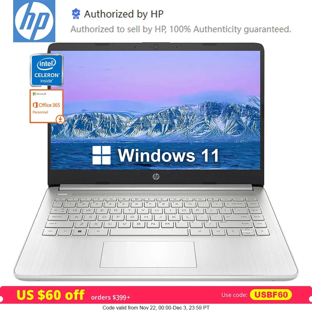 HP Newest 14" Business Laptop,Intel Celeron N4120,Up to16GB RAM,384GB Storage(128GB eMMC+256GB Micro SD),1Year Office 365,Silver - Evallys.com