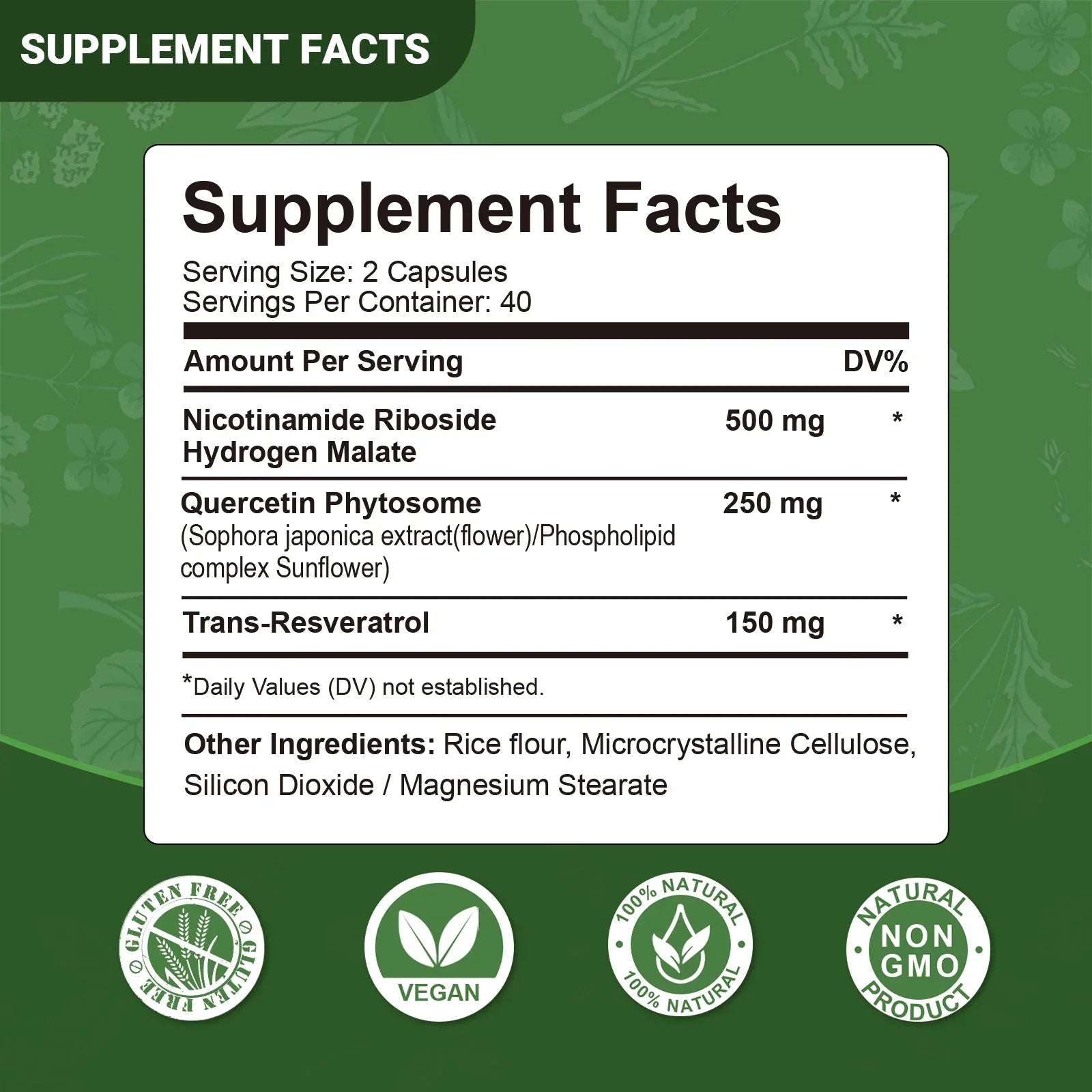 Nicotinamide Riboside + Resveratrol - Quercetin, High Purity NAD Supplement - 80 Capsules - Evallys.com