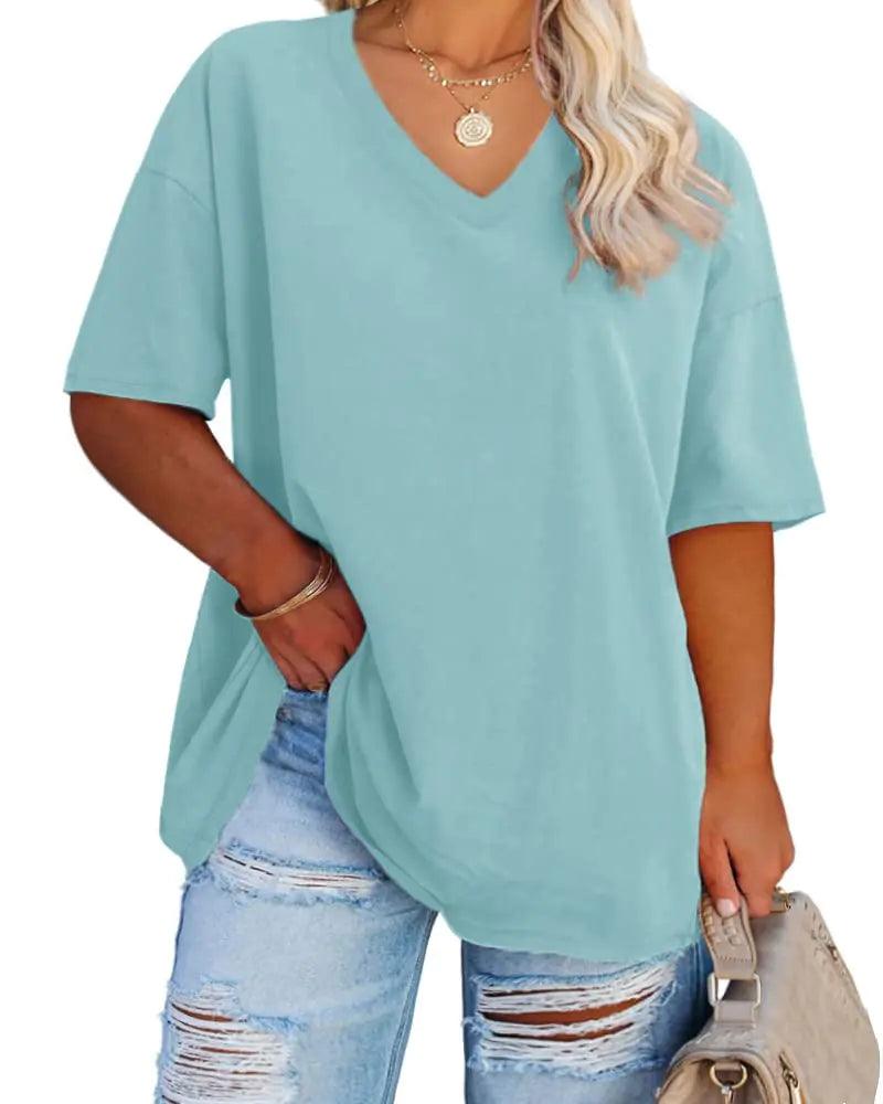 Women's Plus Size V Neck T Shirts Summer Half Sleeve Tees Casual Loose Fit Cotton Tunic Tops XX-Large Plus Khaki - Evallys.com # #