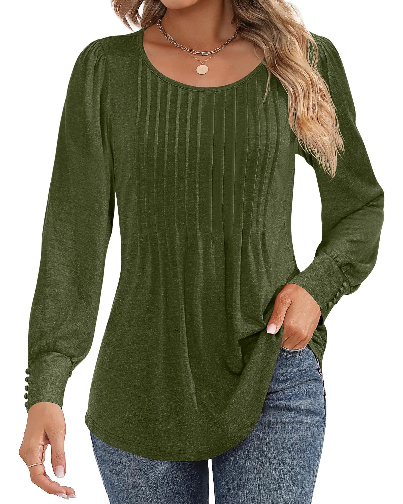 Ficerd Women's Puff Long Sleeve Tunic Tops Pleated Crew Neck Blouses Dressy Casual Loose Fit Fall and Winter Shirts Pink Floral Large - Evallys.com