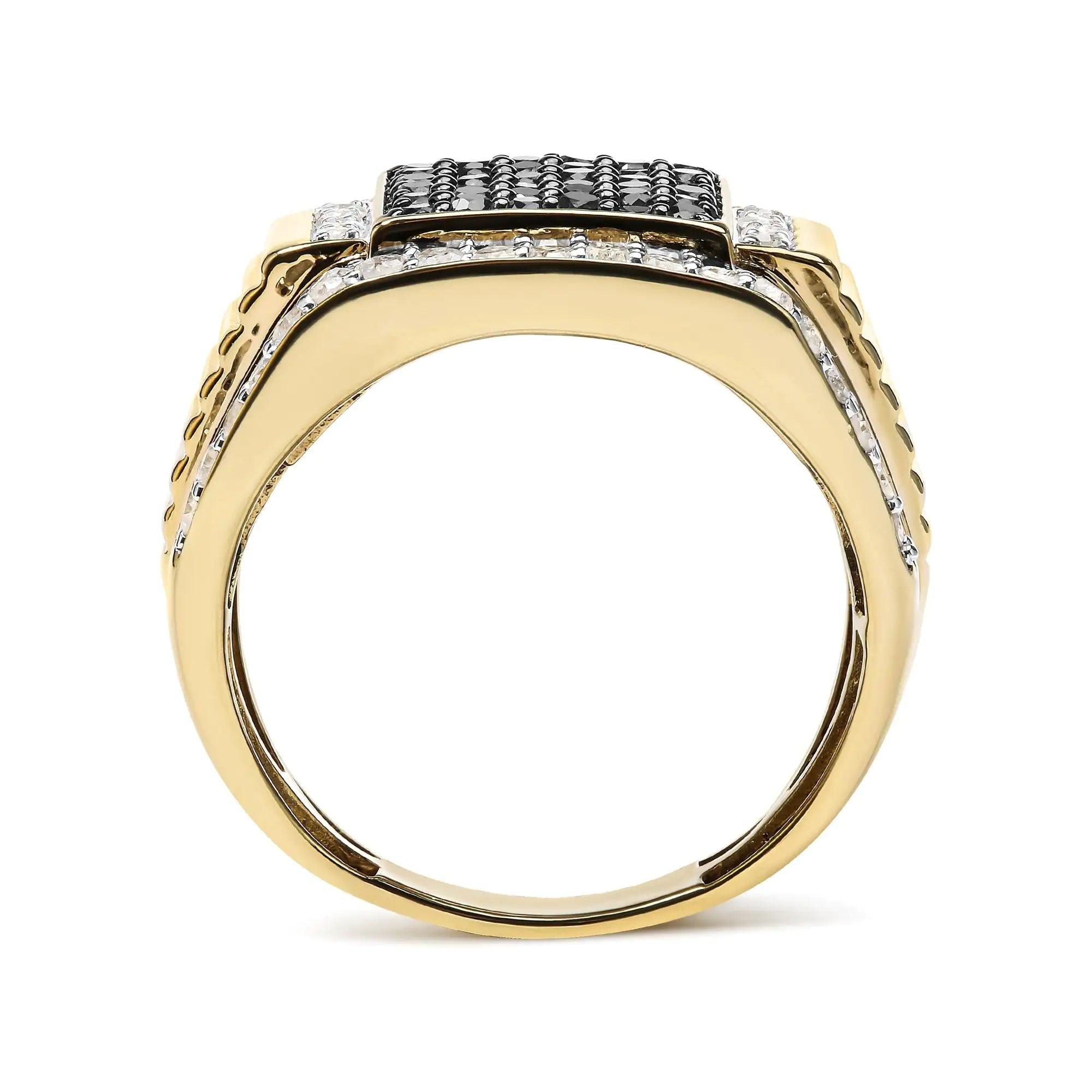 Men's 14K Yellow Gold Plated .925 Sterling Silver 1 1/2 Cttw White and Black Treated Diamond Cluster Ring (Black / I-J Color, I2-I3 Clarity) - Evallys.com # #