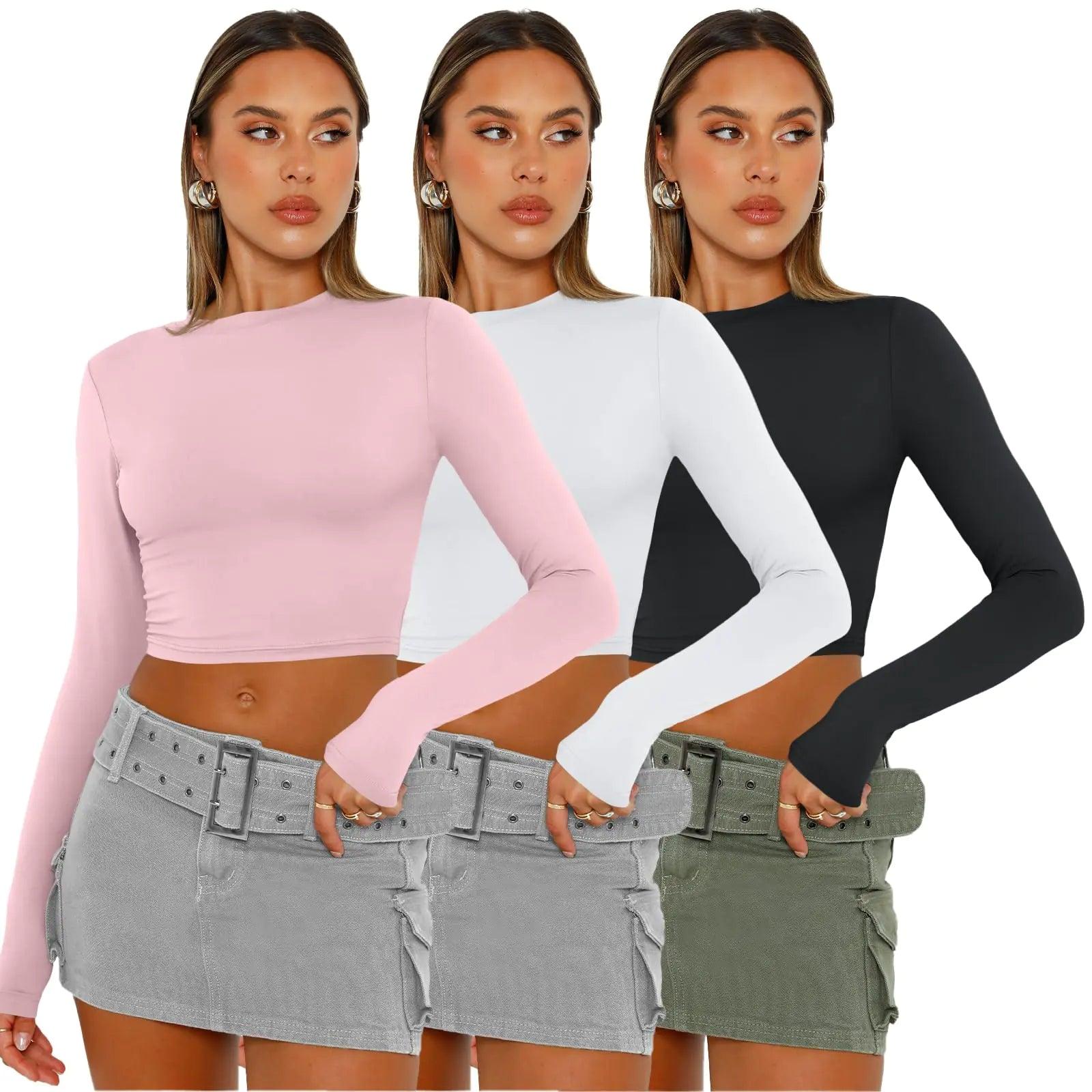 AUTOMET 3 Pack Womens Long Sleeve Shirts Y2K Going Out Crop Tops Cute Basic Slim Fitted Fall Fashion Outfits 2024 Clothes Medium Pinkwhiteblack - Evallys.com # #