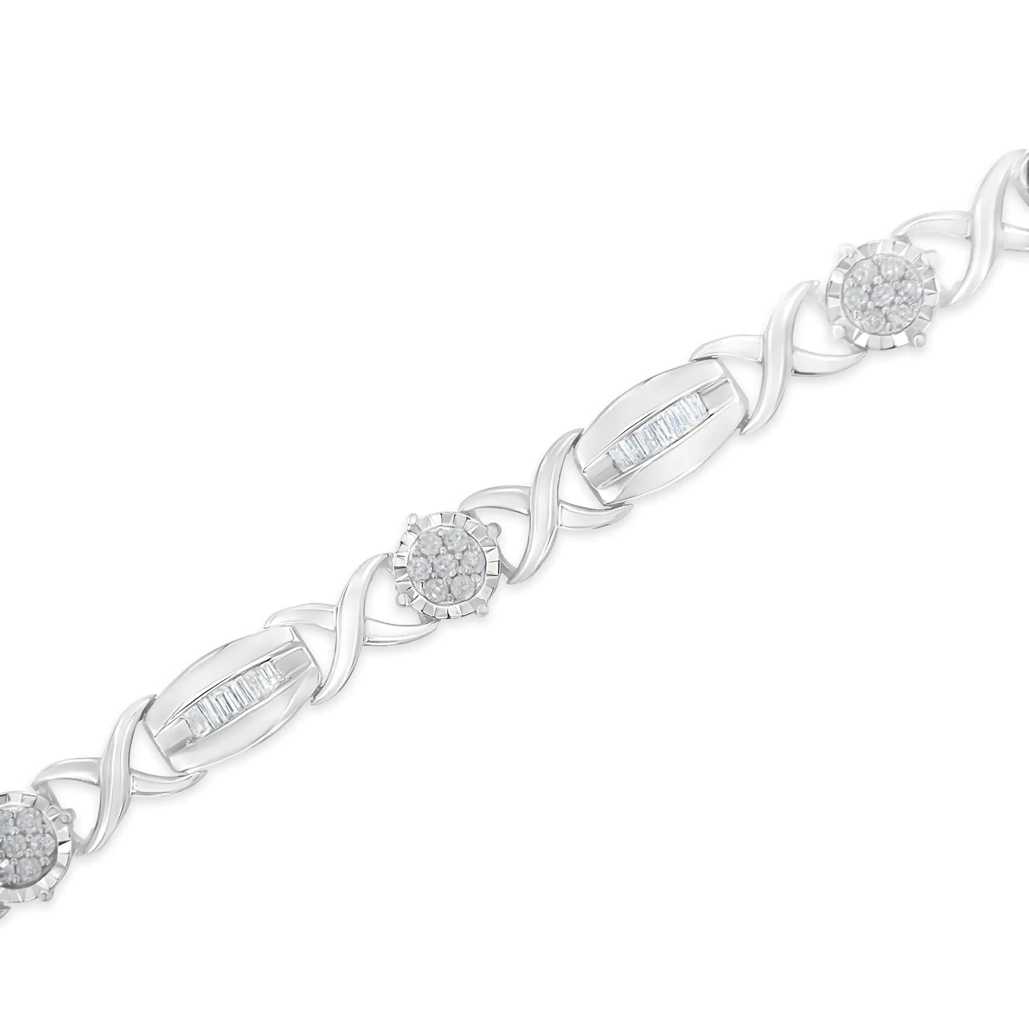 .925 Sterling Silver 1.0 Cttw Round-Cut and Baguette-Cut Diamond X-Link Bracelet (I-J Color, I1-I2 Clarity) - 7" - Evallys.com # #