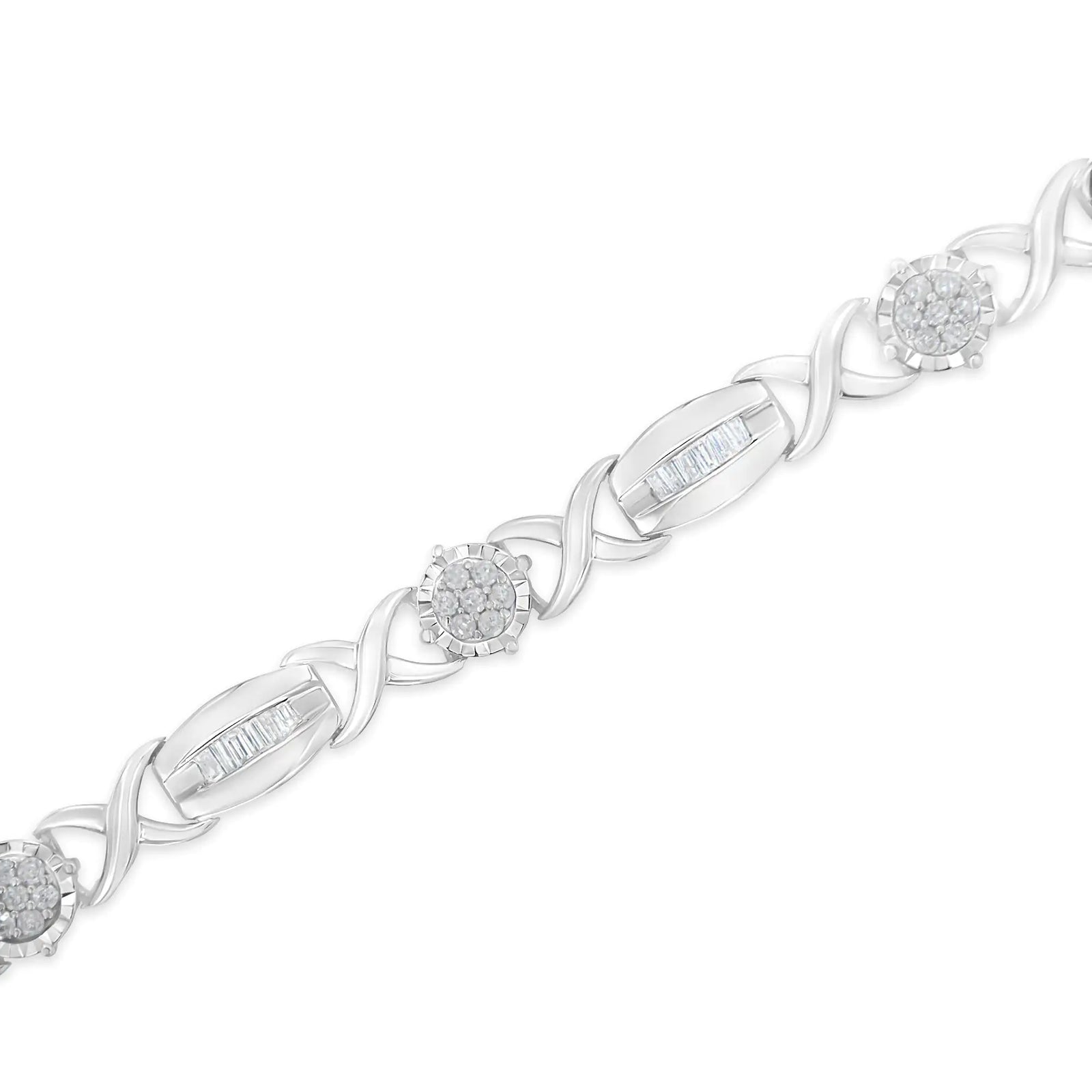 .925 Sterling Silver 1.0 Cttw Round-Cut and Baguette-Cut Diamond X-Link Bracelet (I-J Color, I1-I2 Clarity) - 7