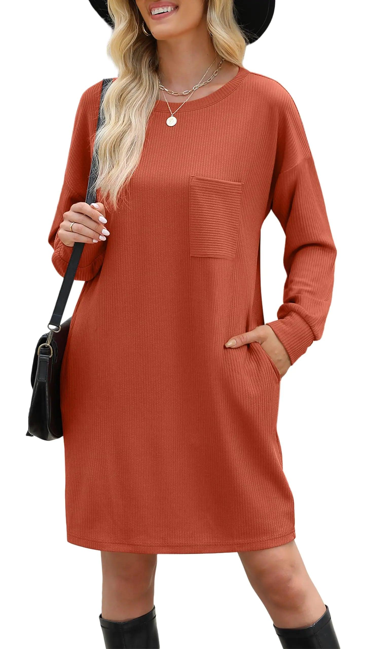 WIHOLL Womens Long Sleeve Dress Loose Fit Casual Crewneck Flowy Mini Dresses with Pockets Fall Fashion 2024 Caramel Large - Evallys.com # #