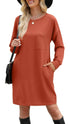 WIHOLL Womens Long Sleeve Dress Loose Fit Casual Crewneck Flowy Mini Dresses with Pockets Fall Fashion 2024 Caramel Large - Evallys.com # #