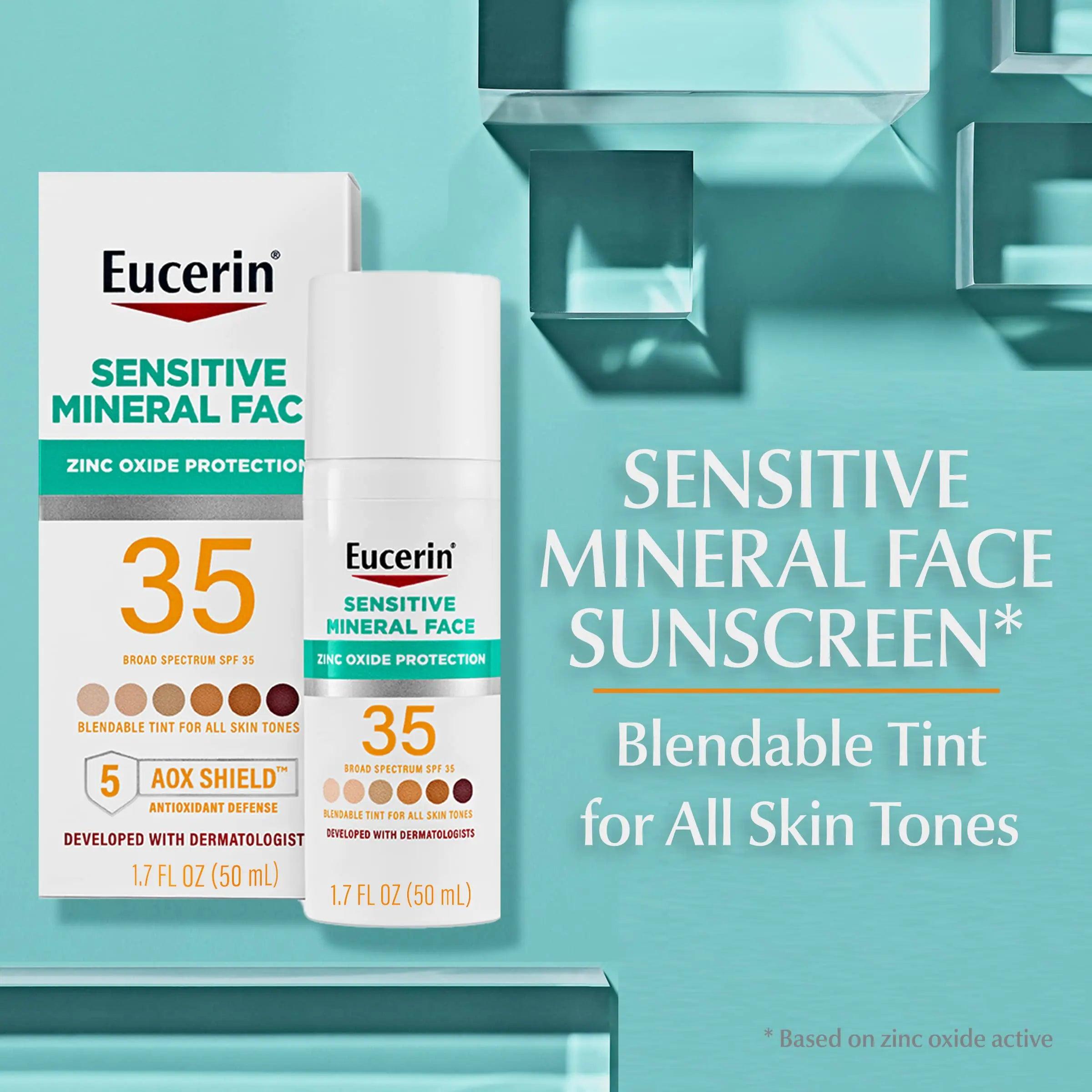 Eucerin Sun Tinted Mineral Face Sunscreen Lotion SPF 35, Non-Comedogenic Mineral Sunscreen with Gentle Zinc Oxide Protection for Sensitive Skin, 1.7 Fl Oz Bottle - Evallys.com # #