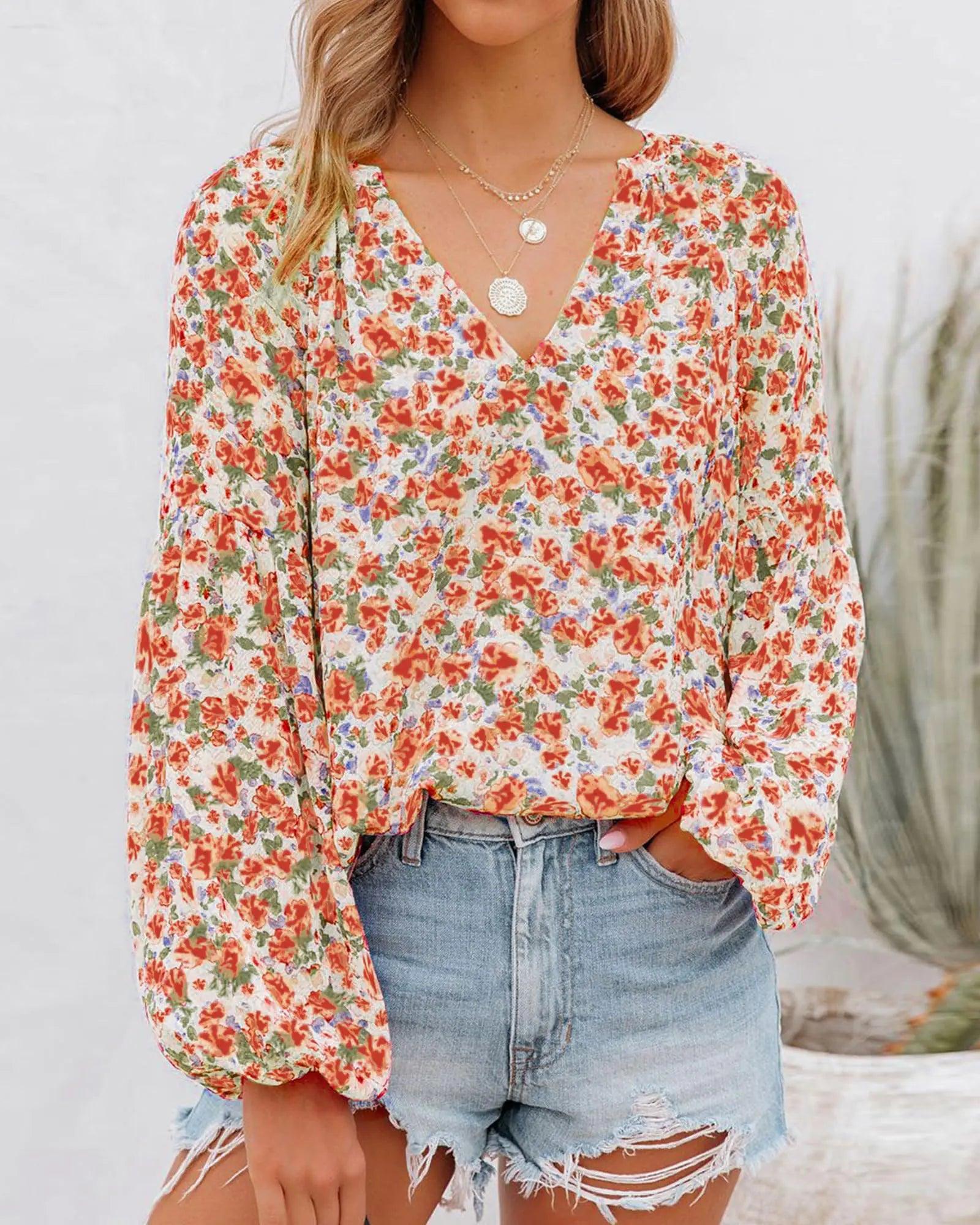 BTFBM Women Casual Boho Blouse Fashion Floral Shirts V Neck Long Puff Sleeve Lightweight Chiffon Summer Fall Tops 2024 Floral Orange Large - Evallys.com # #