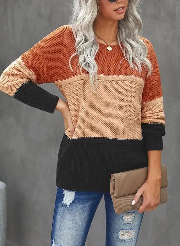 Dokotoo Womens Color Block Sweaters Long Sleeve Crewneck Pullover Knit Jumper Tops X-Large D Orange - Evallys.com # #