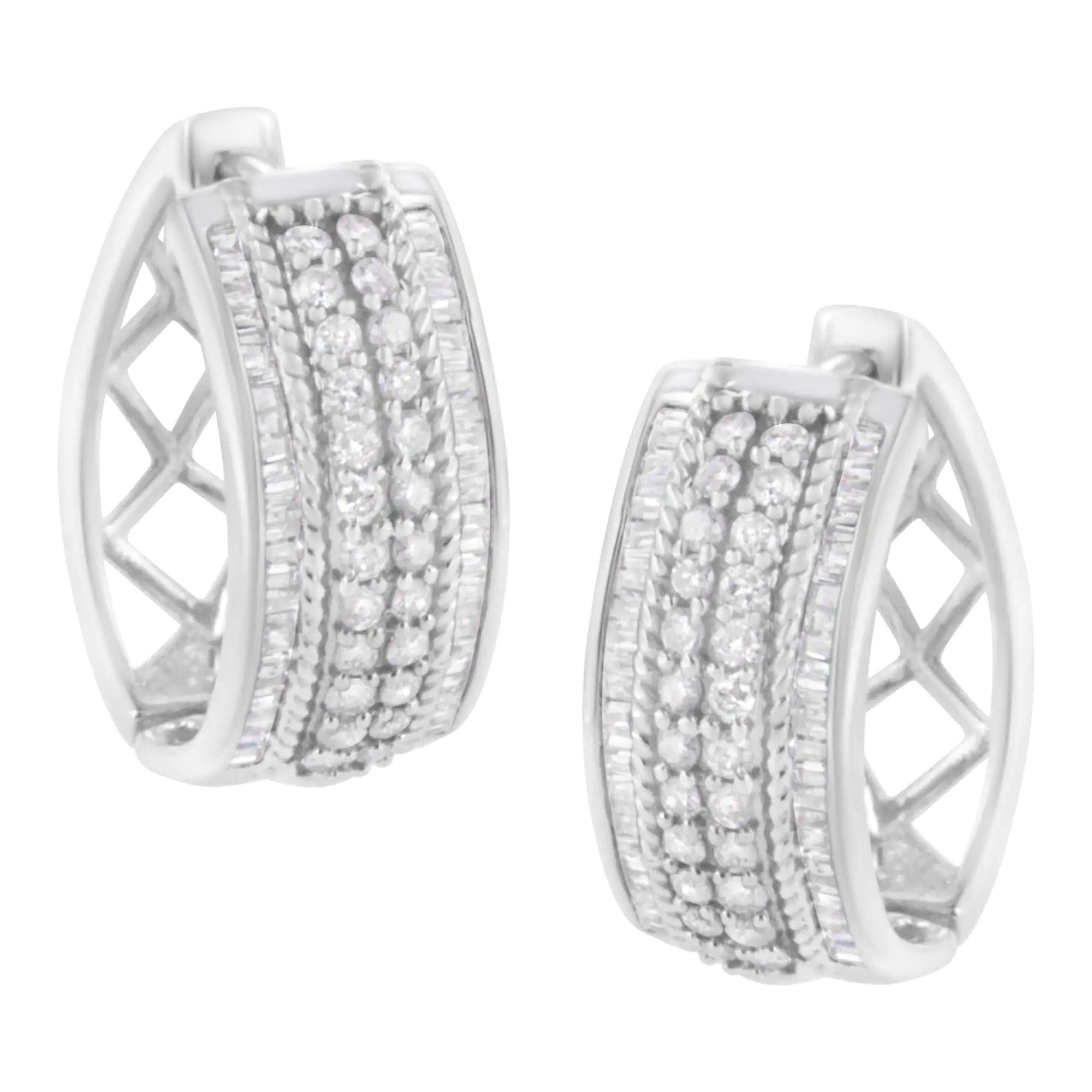 .925 Sterling Silver 1.0 Cttw Round and Baguette-Cut Diamond Hoop Earring (H-I Color, I2-I3 Clarity) - Evallys.com # #