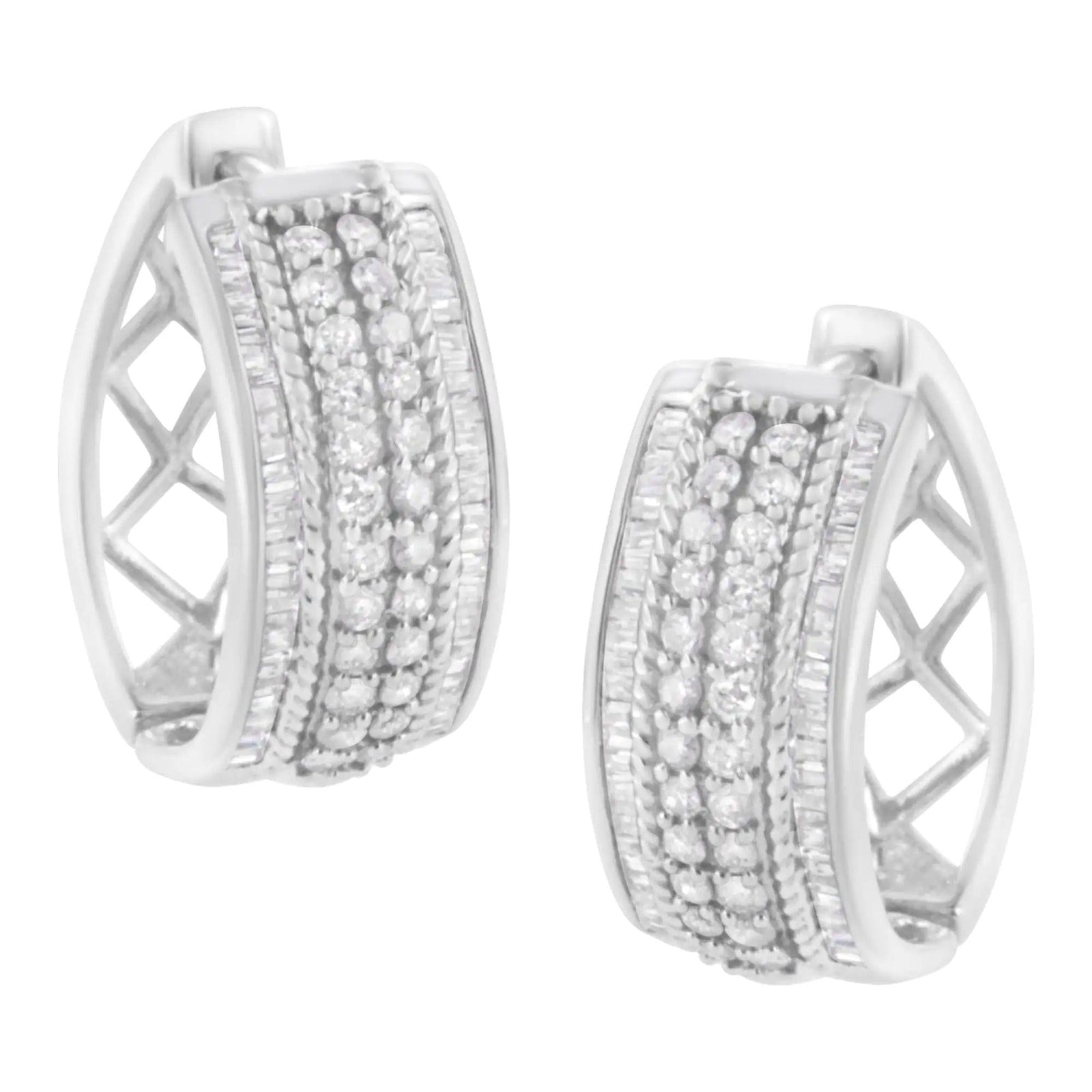 .925 Sterling Silver 1.0 Cttw Round and Baguette-Cut Diamond Hoop Earring (H-I Color, I2-I3 Clarity) - Evallys.com # #