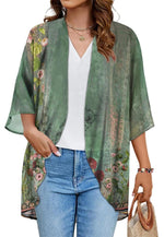 Women's Floral Print Puff Sleeve Kimono Cardigan Loose Cover Up Casual Blouse Tops Small Orange Black - Evallys.com