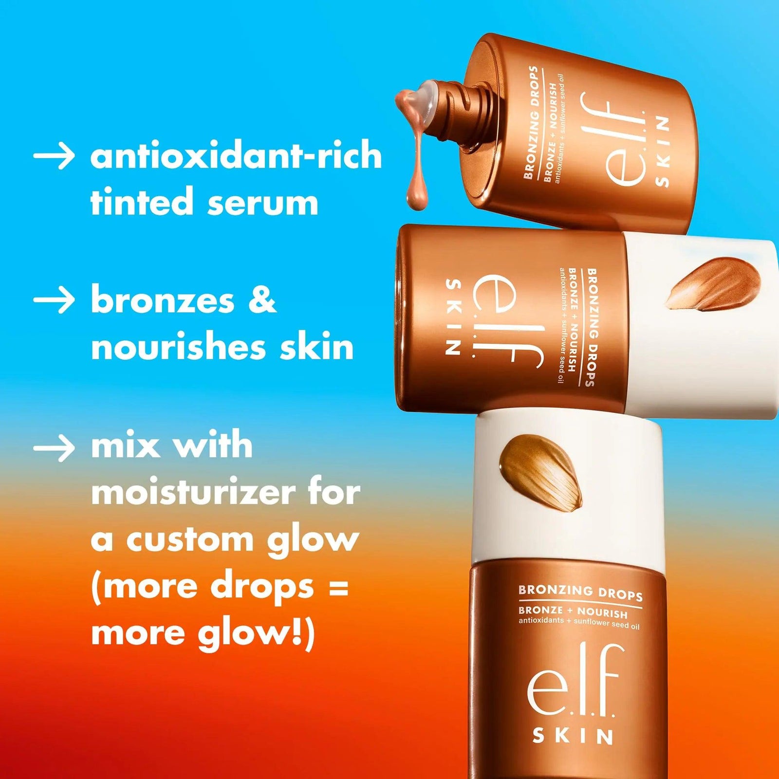 e.l.f. SKIN Bronzing Drops, Liquid Bronzer For Face & Skin, Creates A Sun-Kissed Glow, Infused With Vitamin E, Vegan & Cruelty-Free, Copper Gold - Evallys.com # #