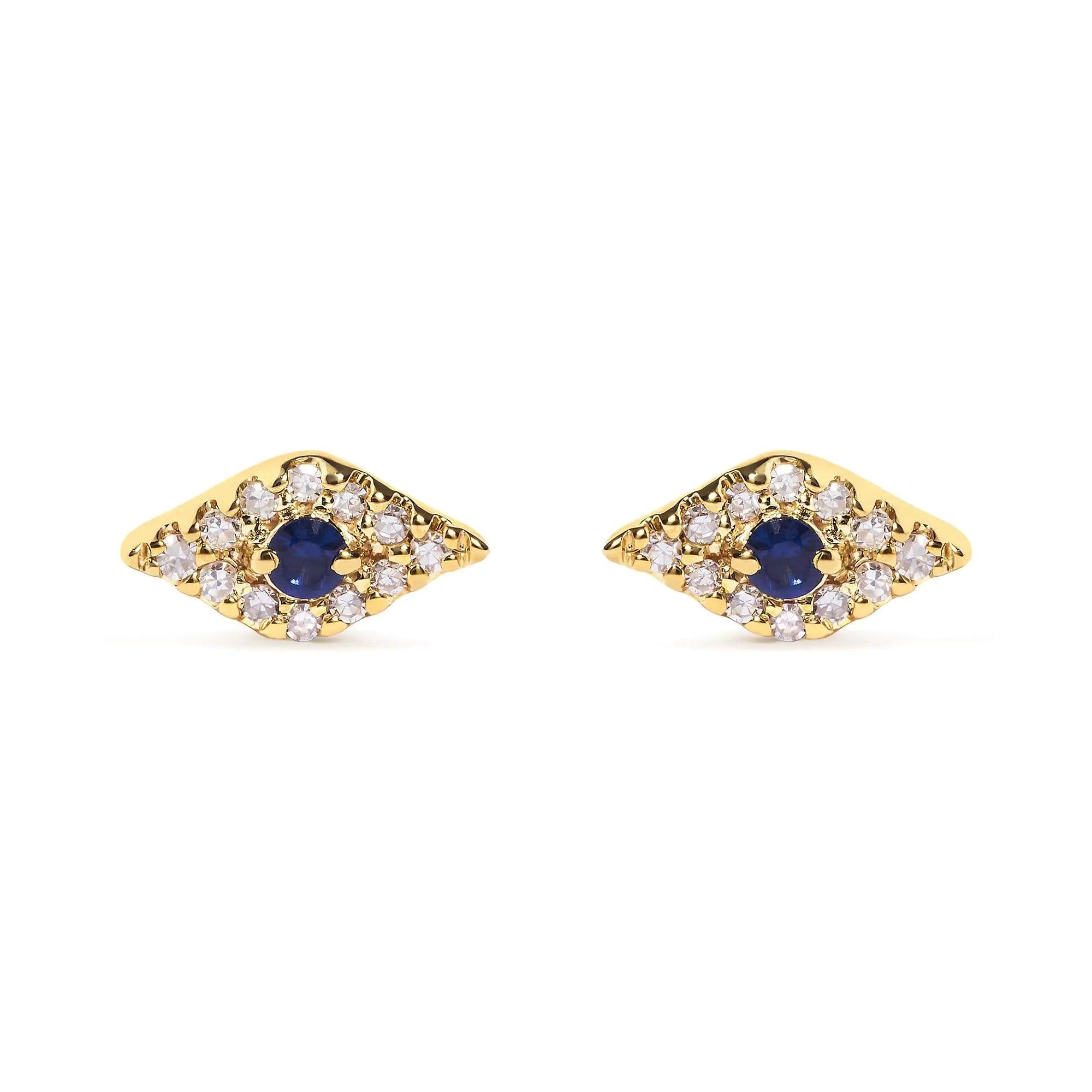 10K Yellow Gold Blue Sapphire and Diamond Accent Evil Eye Stud Earring (H-I Color, I1-I2 Clarity) - Evallys.com # #