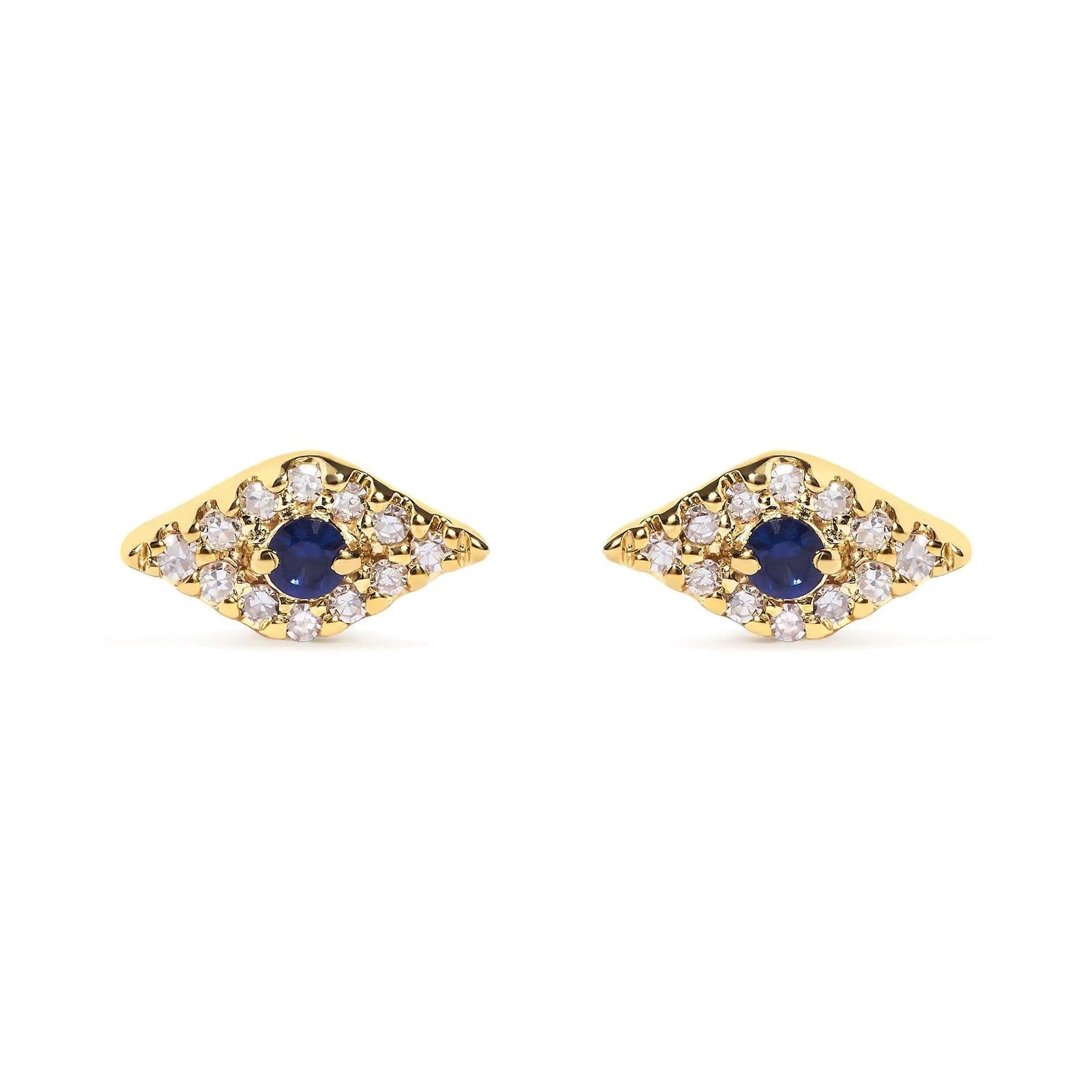 10K Yellow Gold Blue Sapphire and Diamond Accent Evil Eye Stud Earring (H-I Color, I1-I2 Clarity) - Evallys.com # #