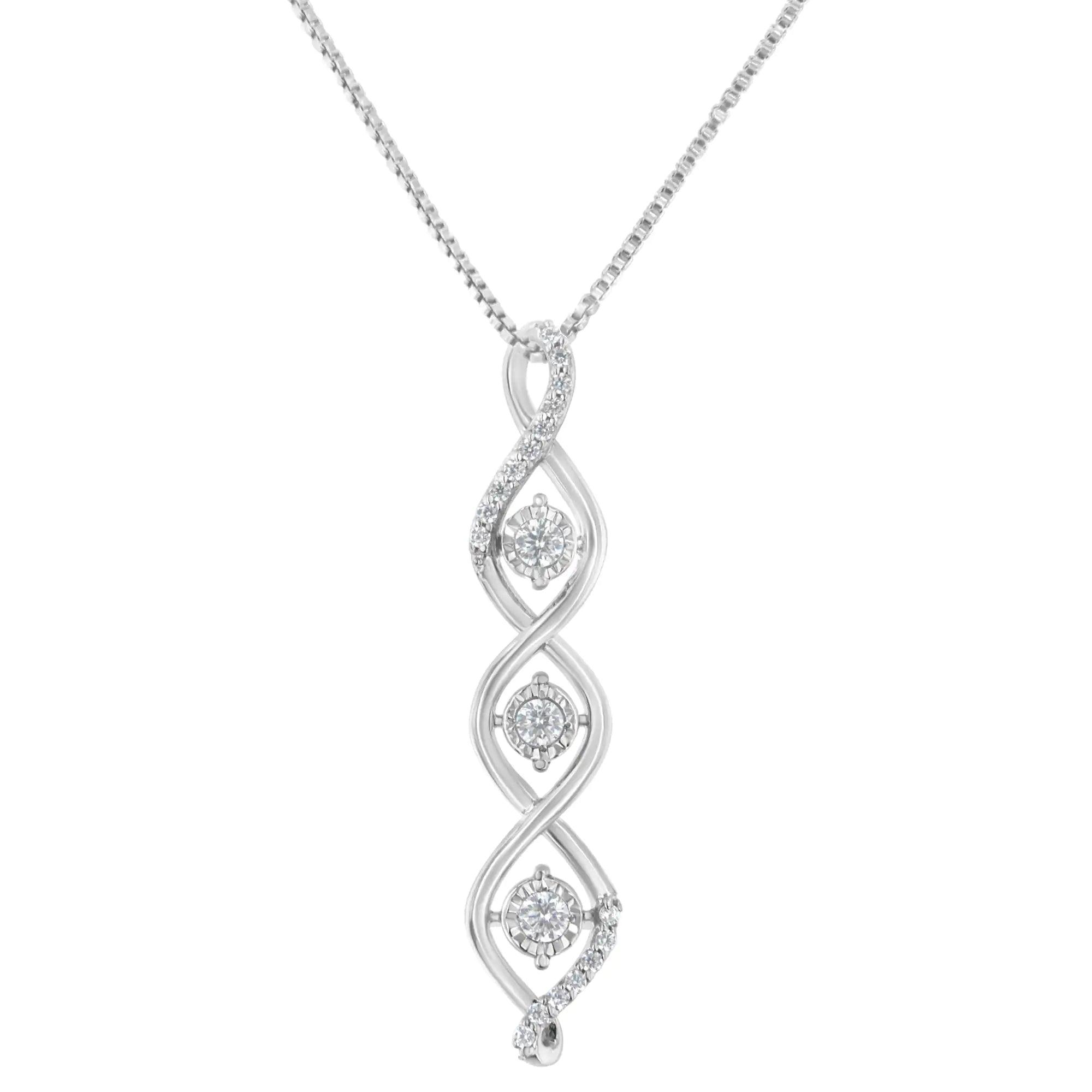 10K White Gold 1/2 cttw 3 Stone Diamond Drop Twisted Pendant Necklace (I-J, I2-I3) - Evallys.com # #