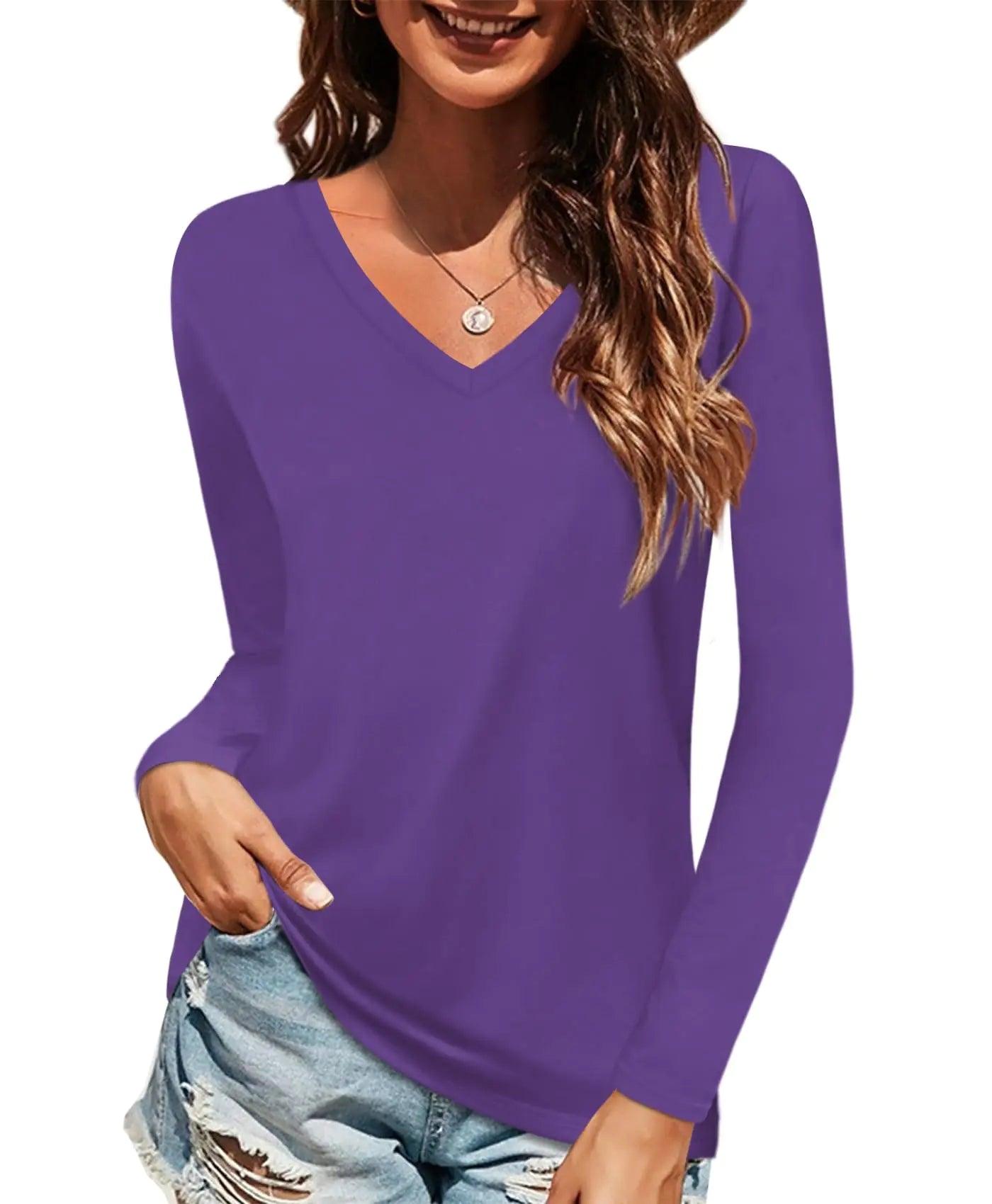 Elesomo Women Shirts V Neck Short/Long Sleeve Cotton Tops T-Shirt Basic Tees Large A:purple - Evallys.com # #