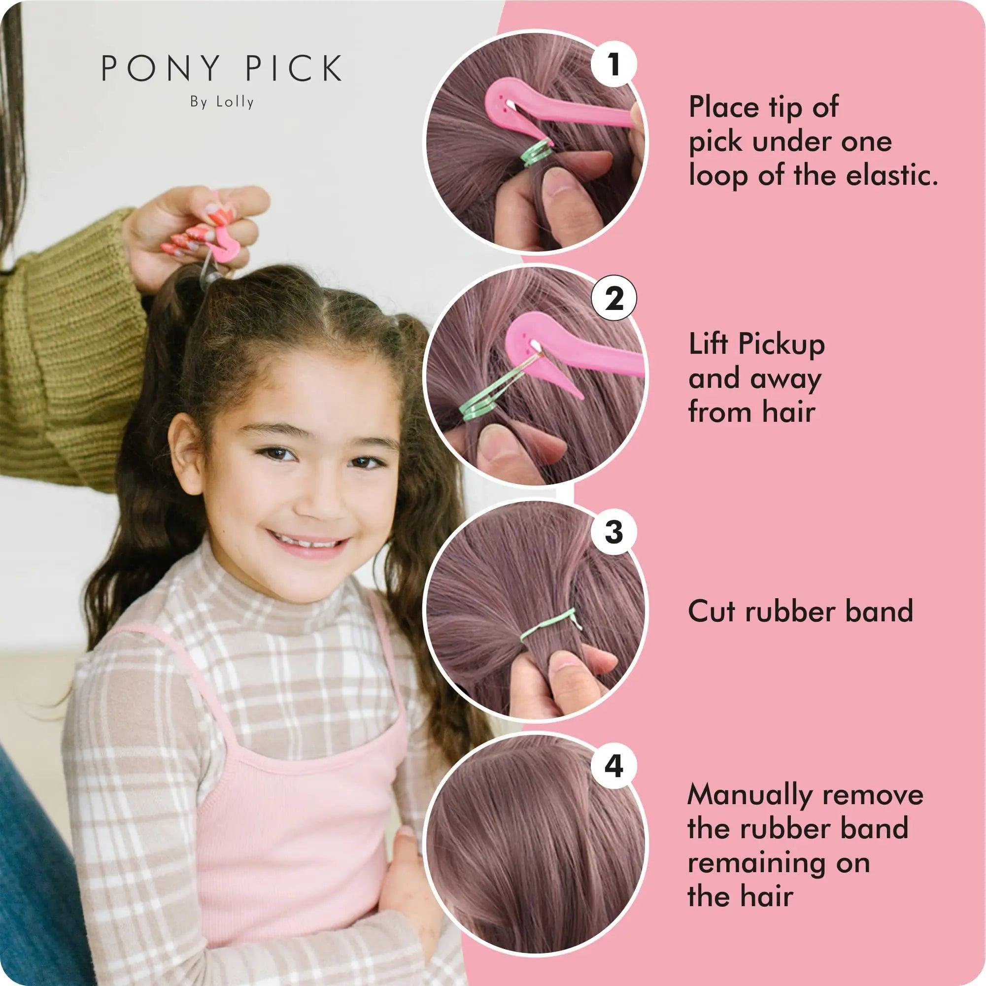 THE PONY PICK Hair Elastic Rubber Bands Cutter - Easy To Use, Pain-Free, No Hair Damage - Ponytail Tool for Kids & Toddlers (3 Packs & 50 Brown Elastics) - Evallys.com # #