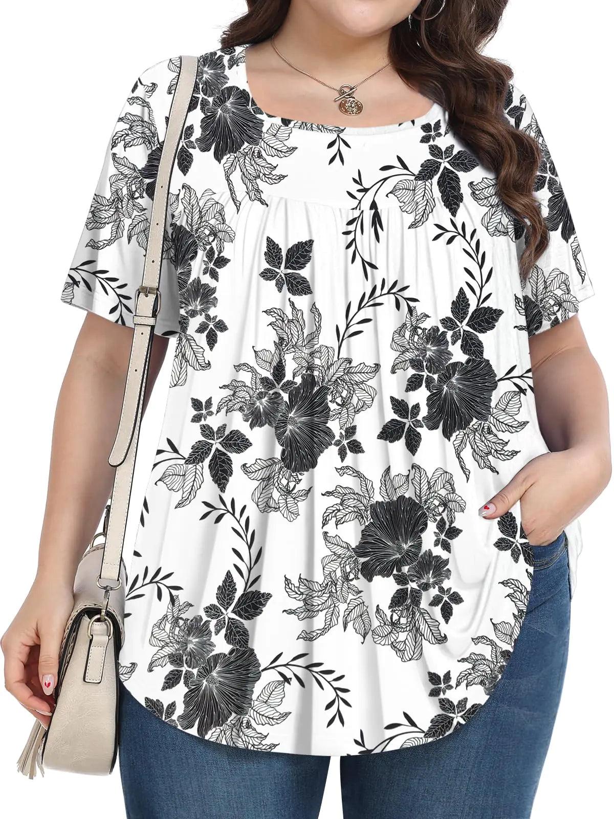 Womens Plus Size Tops Summer Blouses Tunic Short Sleeve Dressy Casual Loose Shirts 1X-5X White Ink Flower X-Large - Evallys.com # #