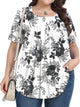 Womens Plus Size Tops Summer Blouses Tunic Short Sleeve Dressy Casual Loose Shirts 1X-5X White Ink Flower X-Large - Evallys.com