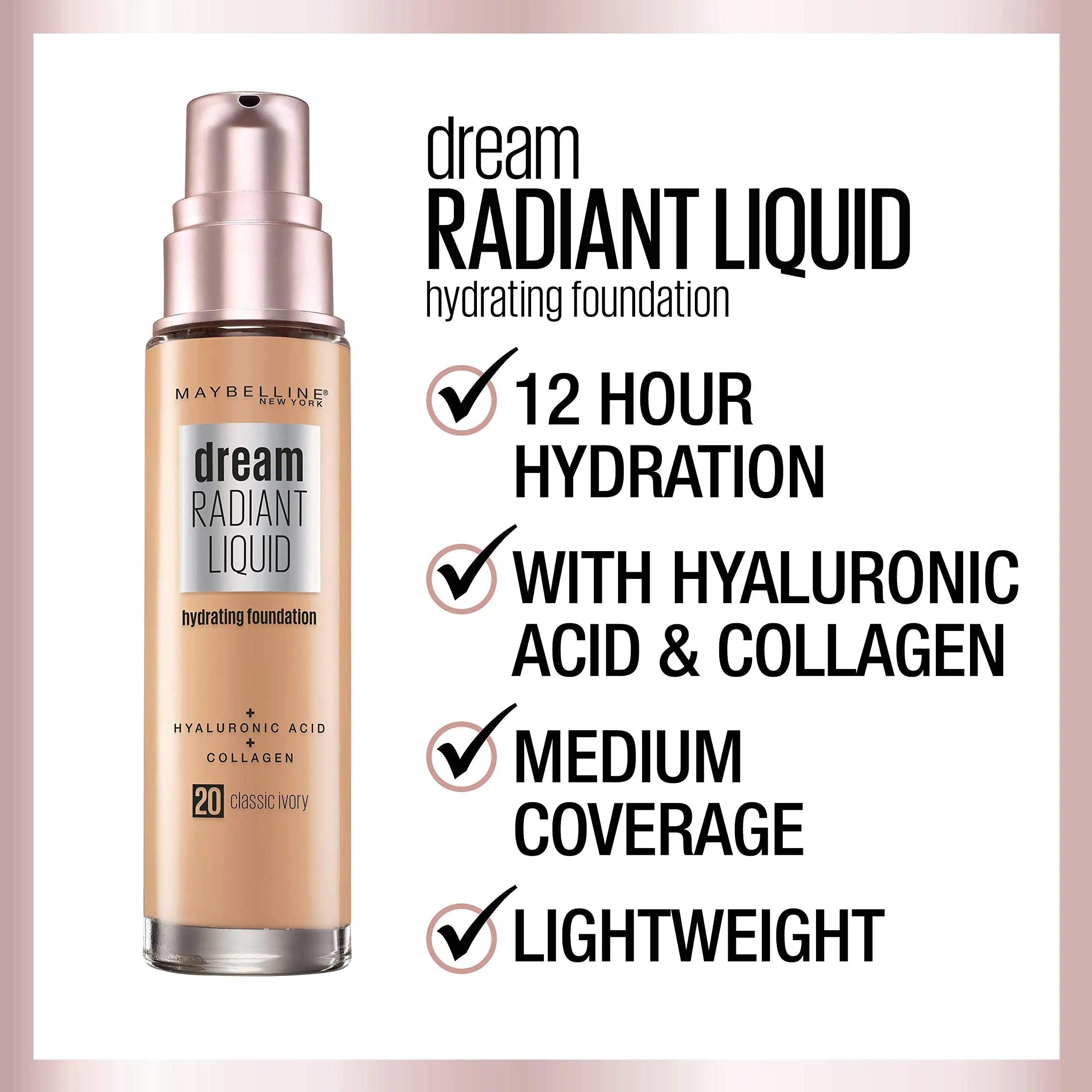 Maybelline Dream Radiant Liquid Medium Coverage Hydrating Makeup, Lightweight Liquid Foundation, Fair Ivory, 1 Count 1 Fl Oz (Pack of 1) 08 FAIR IVORY - Evallys.com # #