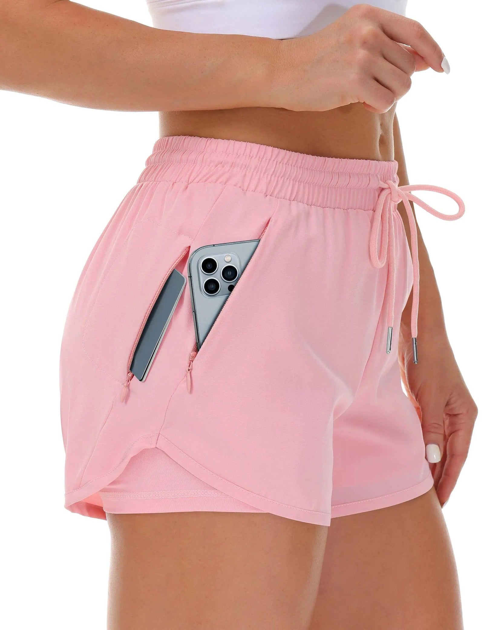 Women's Running Shorts with Liner 3 Zipper Pockets Elastic Workout Athletic Gym Yoga Shorts Small Pink - Evallys.com # #