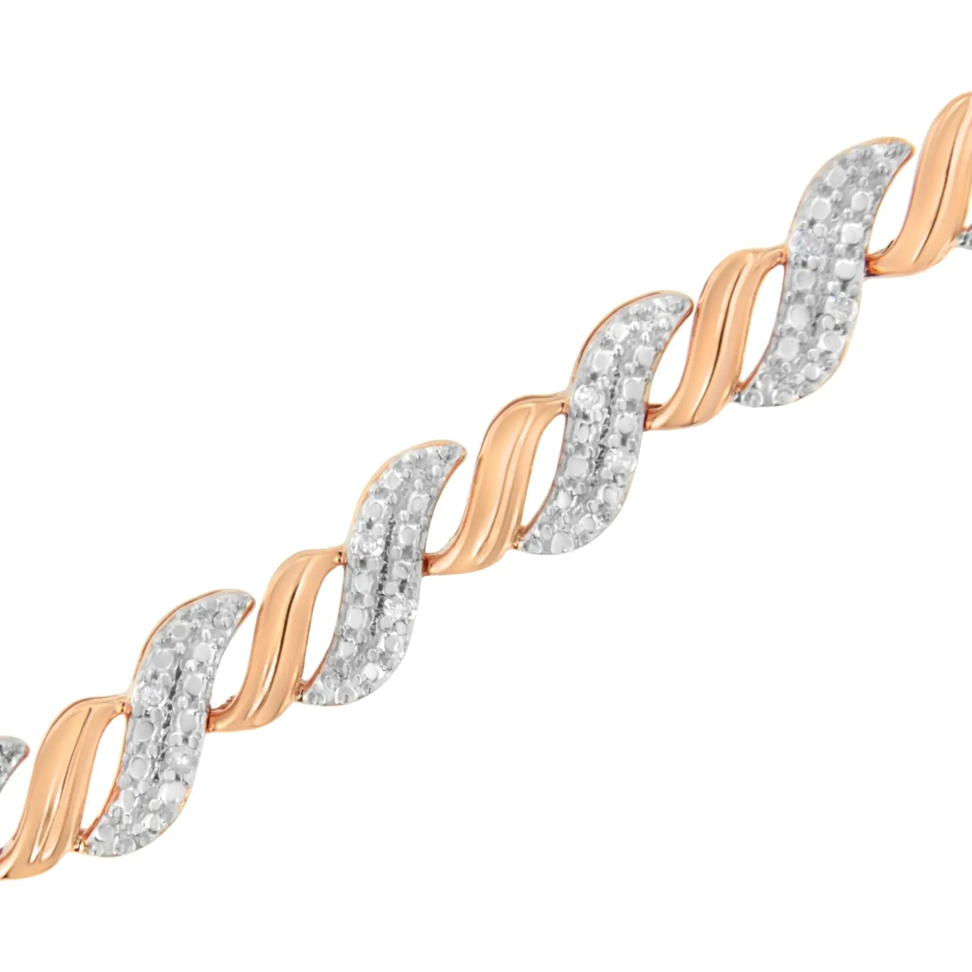 10K Rose Gold Plated .925 Sterling Silver 1/4 cttw Prong Set Round-Cut Diamond "S" Link Bracelet (I-J, I2-I3) - Size 7.25" - Evallys.com # #