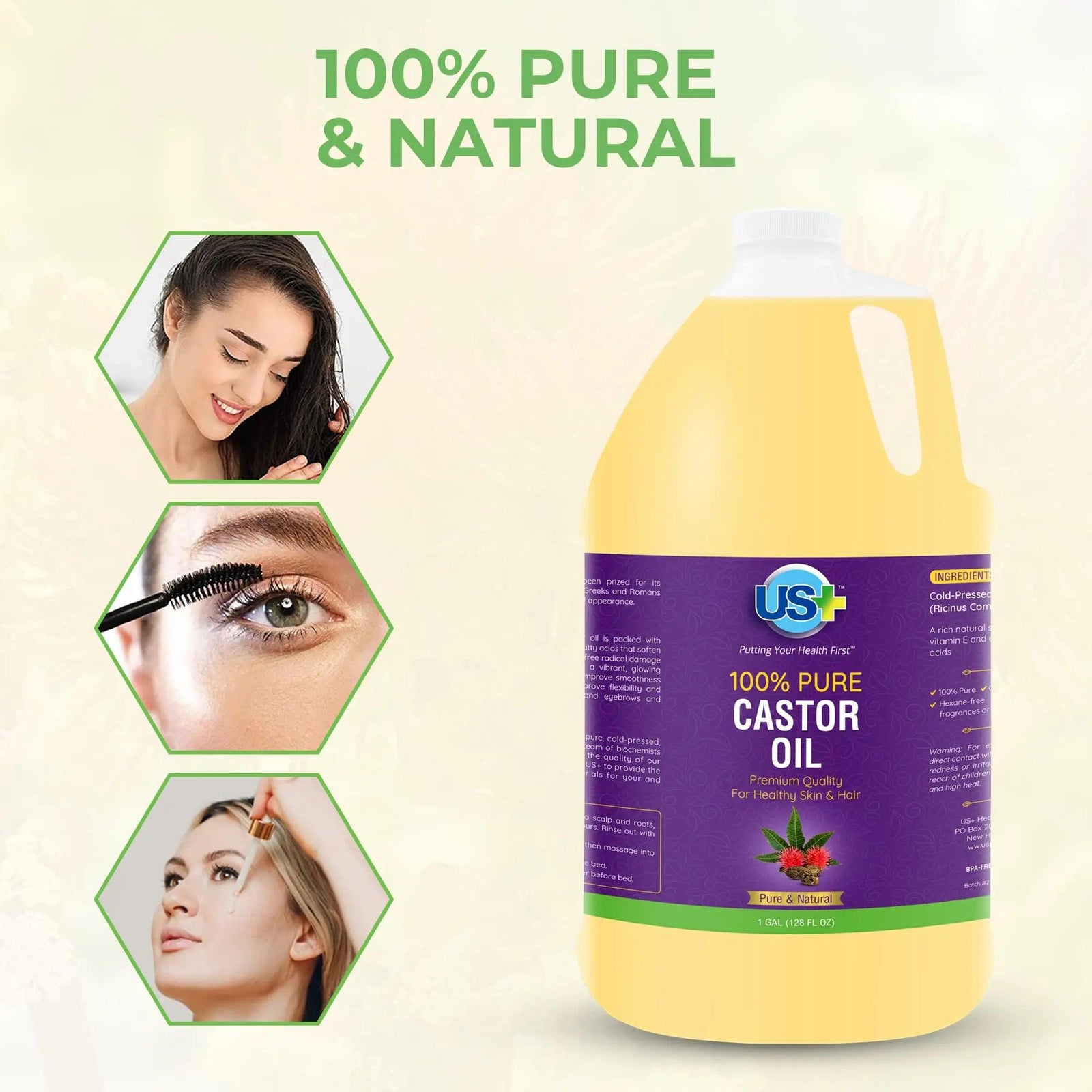 100% Pure Castor Oil - Cold-pressed, Unrefined, Hexane-free - Premium Quality - USP Grade (1 Gallon) - Evallys.com # #