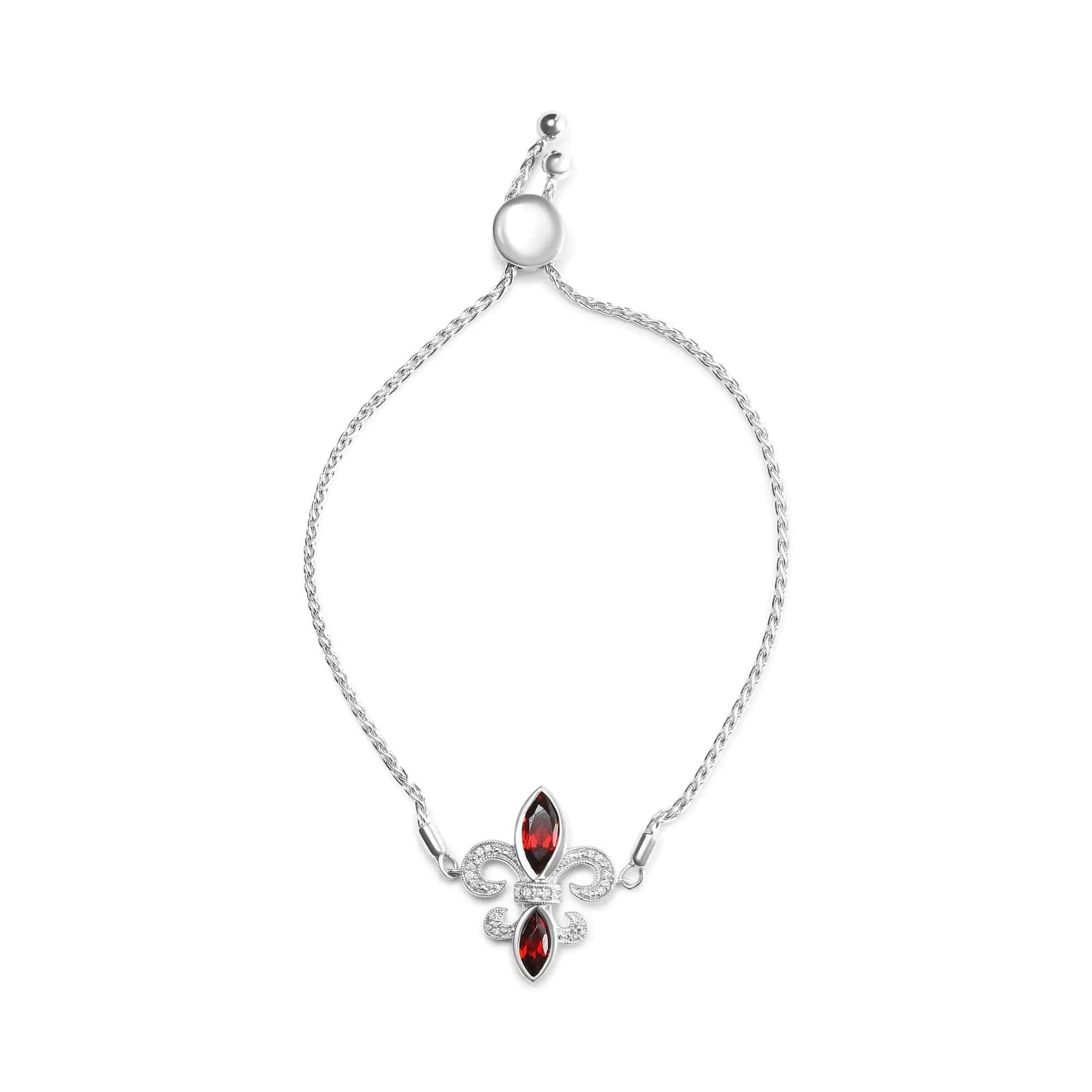 .925 Sterling Silver Marquise Garnet  and Diamond Accent Lariat 4”-10” Fleur De Lis Adjustable Bolo Bracelet (H-I Color, SI1-SI2 Clarity) - Evallys.com # #