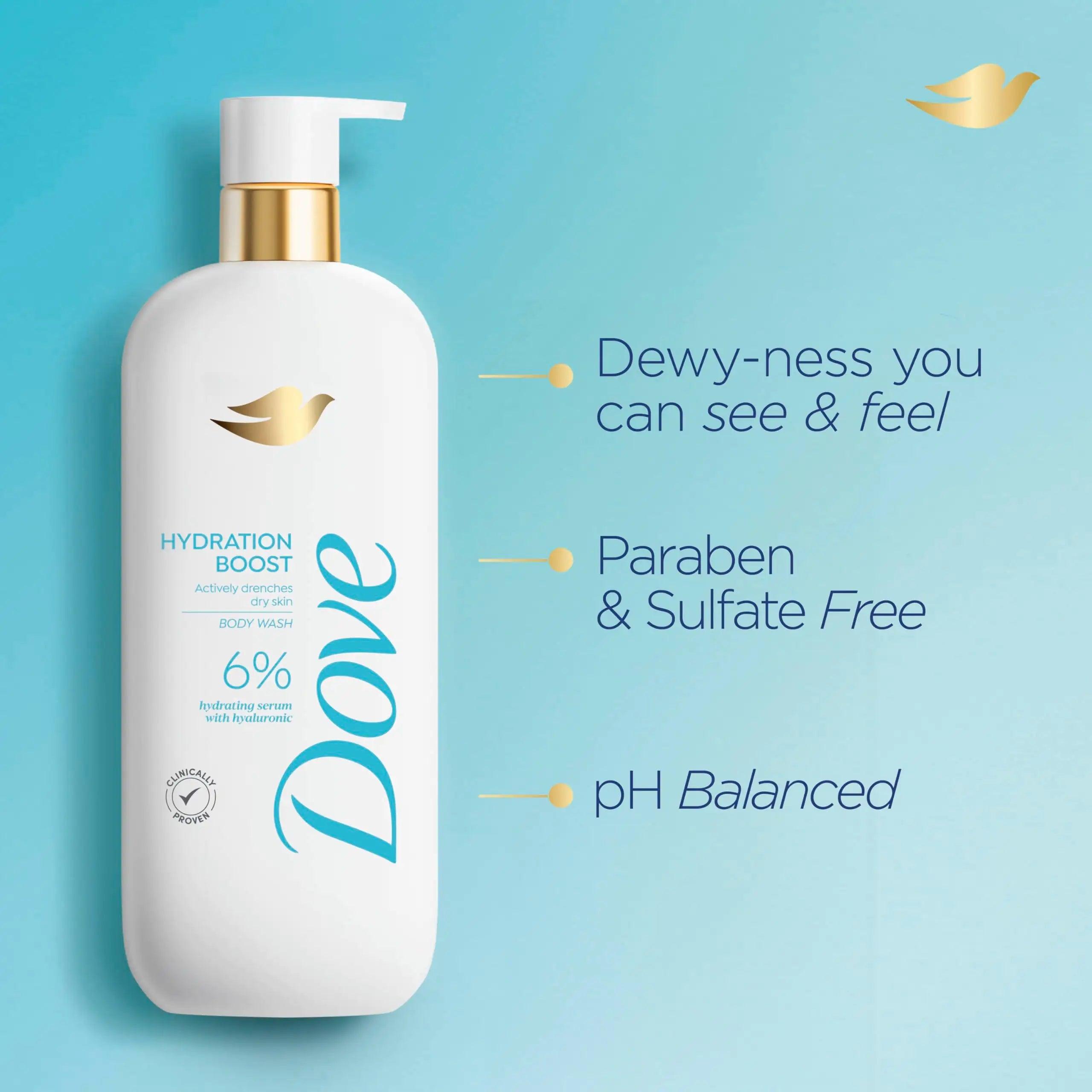 Dove Body Wash Hydration Boost Actively drenches dry skin 6% hydration serum with hyaluronic 18.5 oz - Evallys.com # #