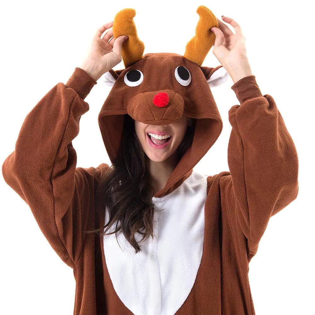 Beauty Shine Unisex Adult Onesie One Piece Pajamas Cosplay Cartoon Costume Halloween Christmas Sleepwear Jumpsuit Homewear Large Coffee Reindeer - Evallys.com # #