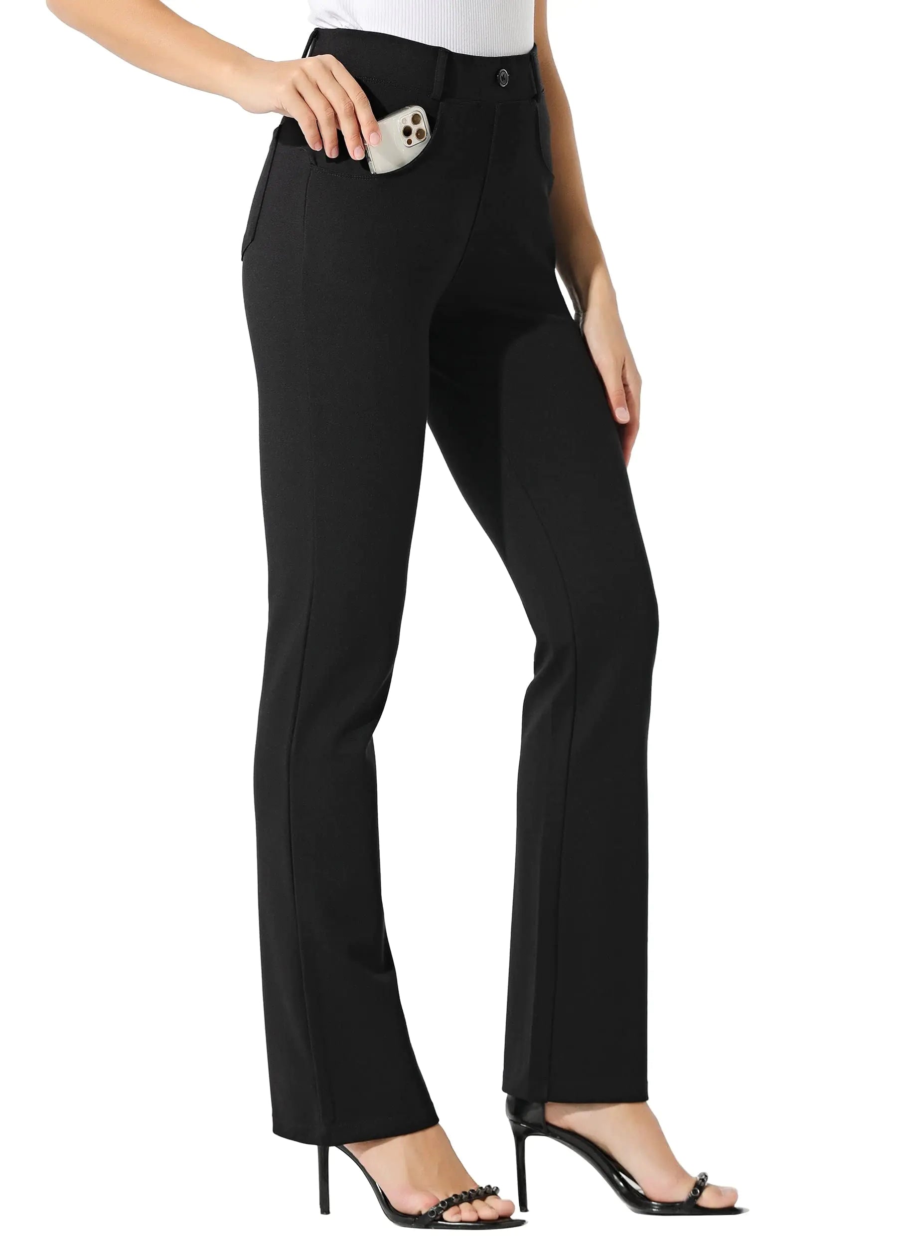 Women's Yoga Dress Pants Bootcut Work Slacks Stretch Office with Belt Loops 4 Pockets 28“/29"/30"/31"/33" Small Petite 29 Inches Black - Evallys.com # #