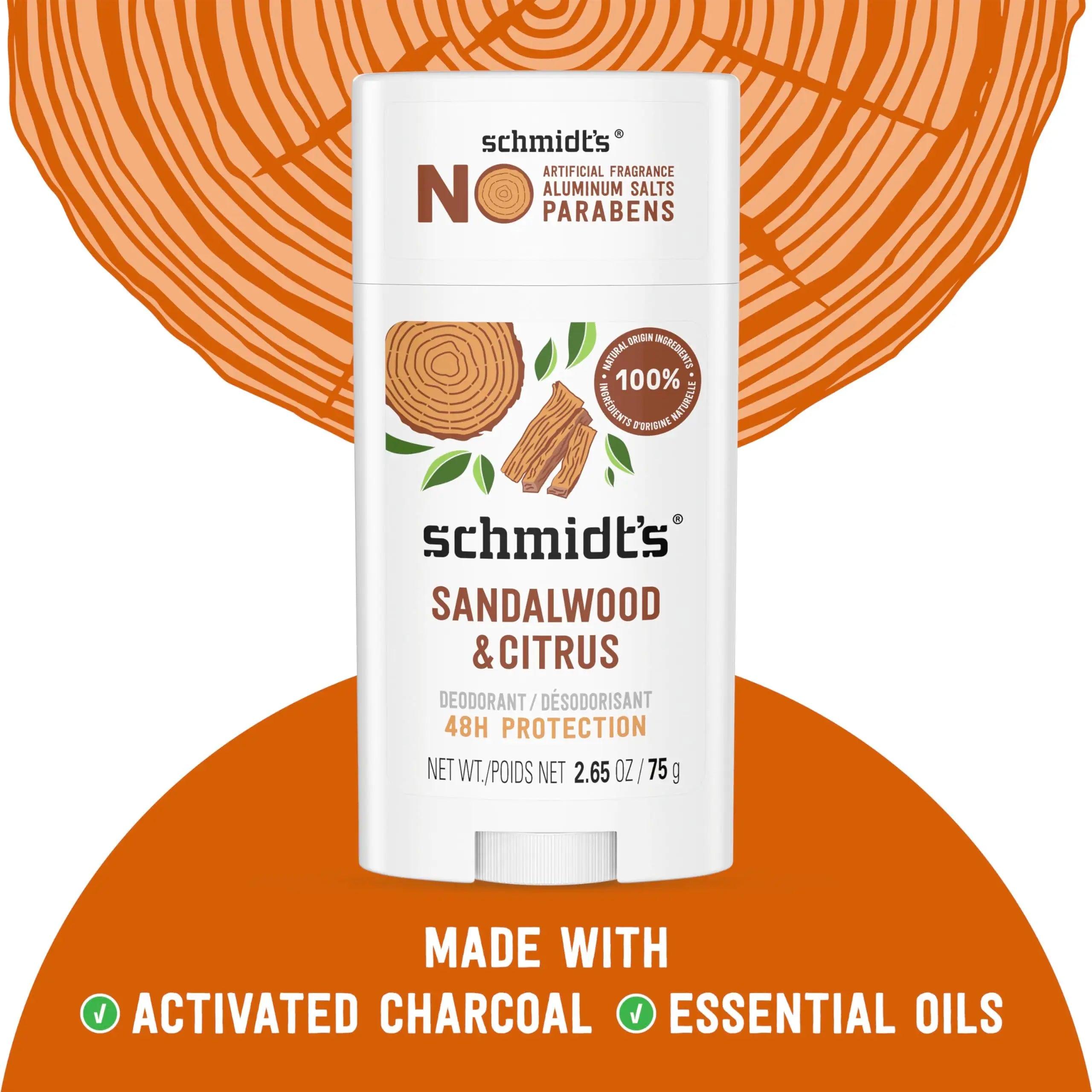 Schmidt's Aluminum-Free Vegan Deodorant Sandalwood & Citrus 2 Count for Women and Men, with 24 Hour Odor Protection, Natural Ingredients, Cruelty-Free, 2.65 oz Sandalwood and Citrus 2.65 Ounce (Pack of 2) - Evallys.com # #