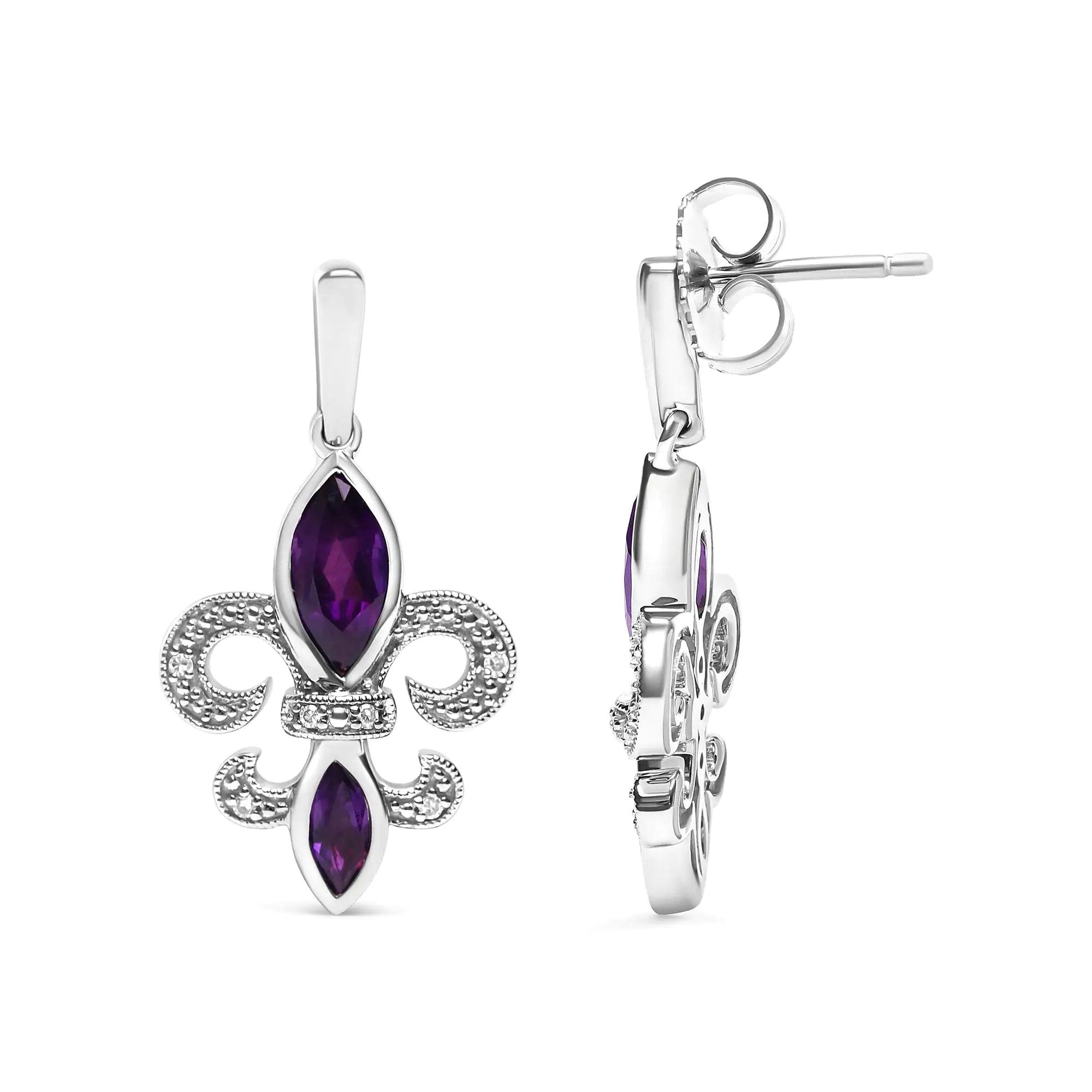 .925 Sterling Silver Marquise Cut Amethyst and Diamond Accent Fleur De Lis Dangle Stud Earrings (H-I Color, SI1-SI2 Clarity) - Evallys.com # #