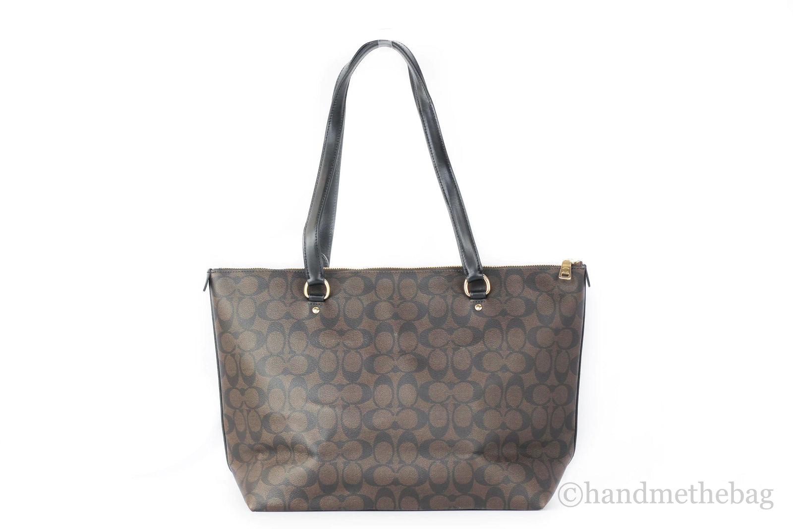 Coach Signature Coated Canvas Brown Black Leather Gallery Tote Handbag - Evallys.com # #