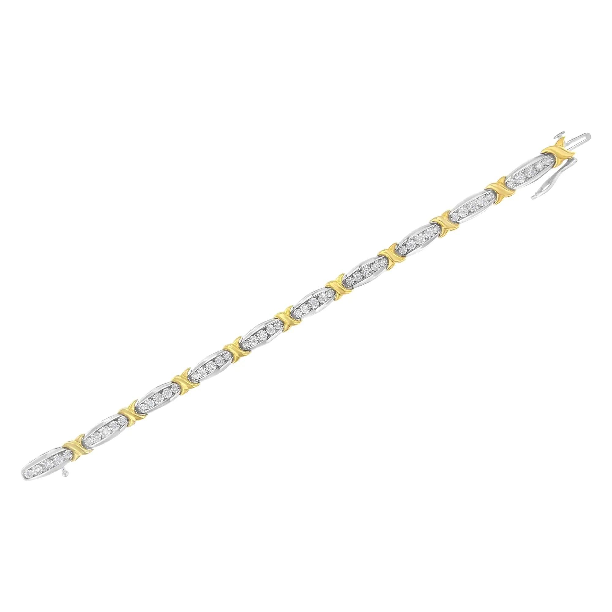 10K Yellow Gold Plated .925 Sterling Silver Two Tone 3/4 CttwDiamond X & O Link Tennis Bracelet (H-I Color, I1-I2 Clarity) - 7” - Evallys.com # #