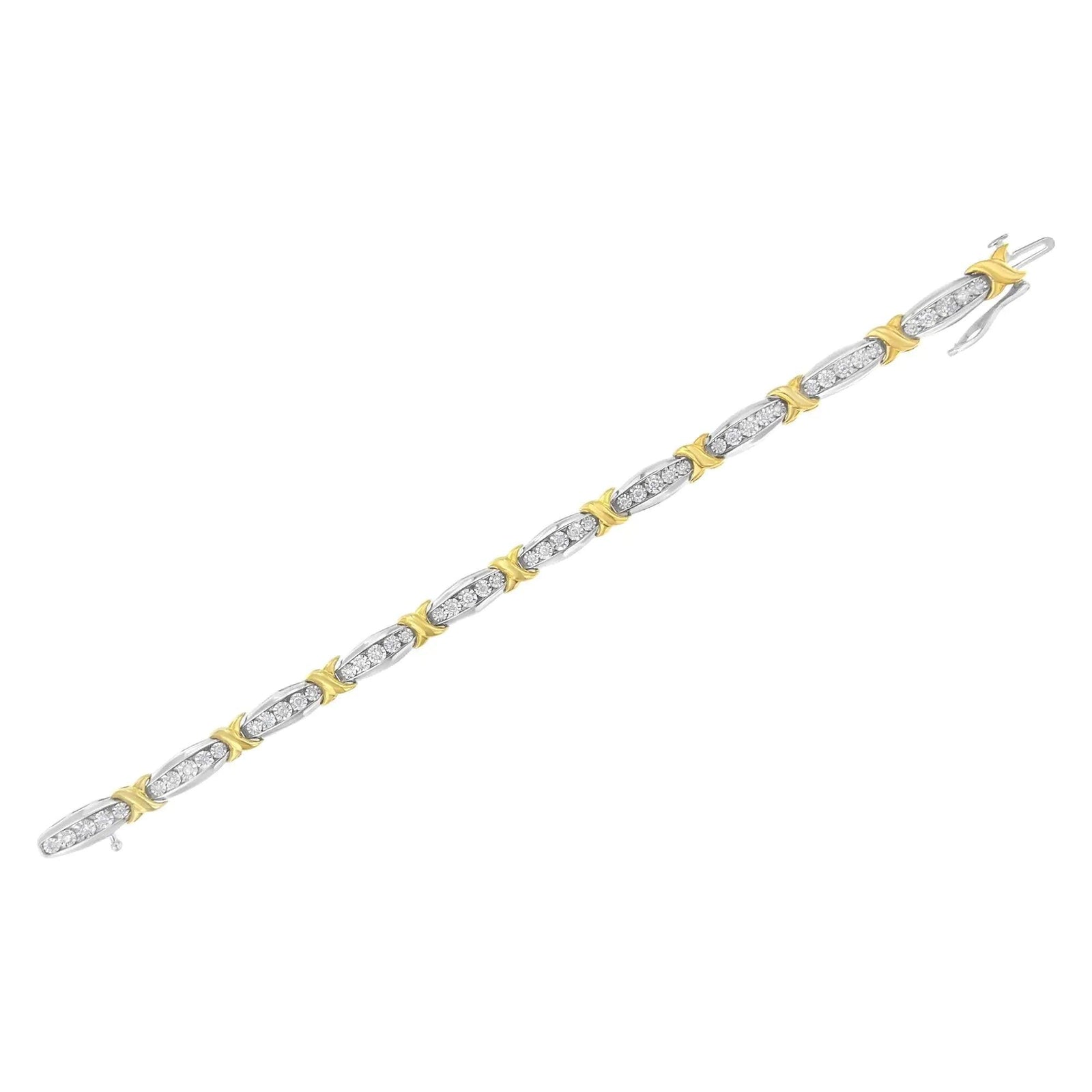 10K Yellow Gold Plated .925 Sterling Silver Two Tone 3/4 CttwDiamond X & O Link Tennis Bracelet (H-I Color, I1-I2 Clarity) - 7” - Evallys.com # #