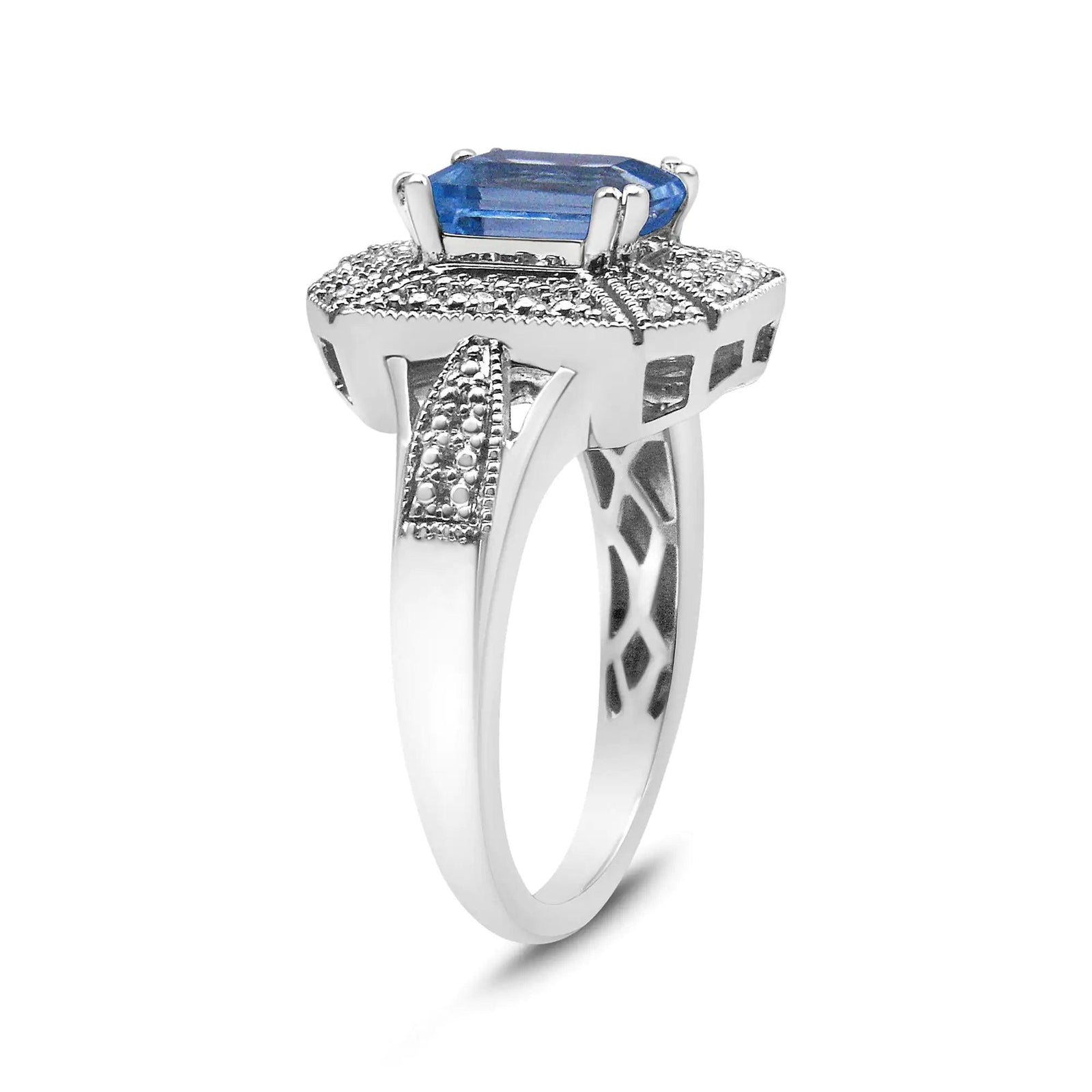 .925 Sterling Silver Diamond Accent and 8X6 mm Emerald-Shape Blue Topaz Ring (I-J Color, I2-I3 Clarity) - Evallys.com # #