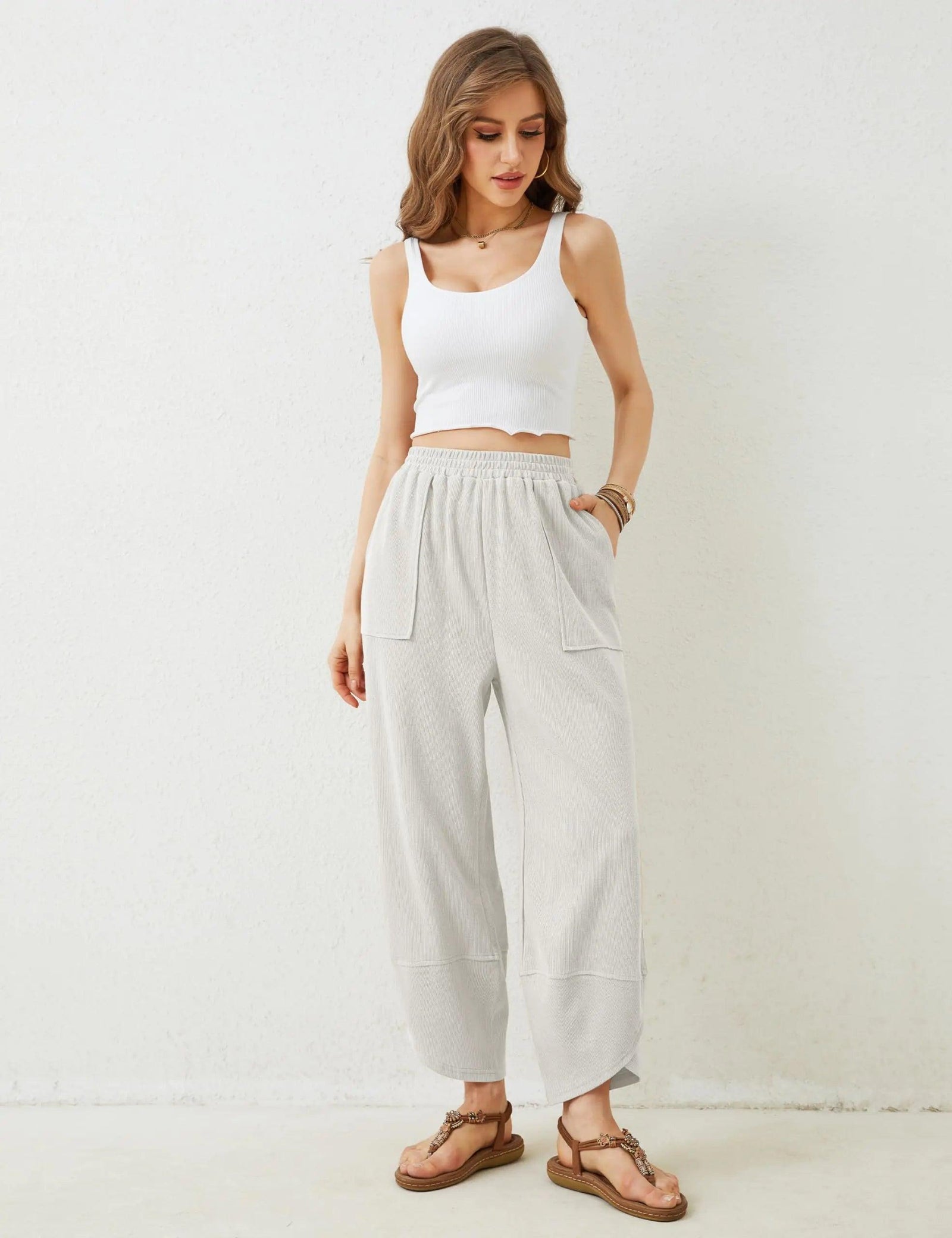 Xiaoxuemeng Womens Baggy Wide Leg Pants Casual Elastic Waisted Palazzo Harem Pants with Pockets Large White - Evallys.com # #