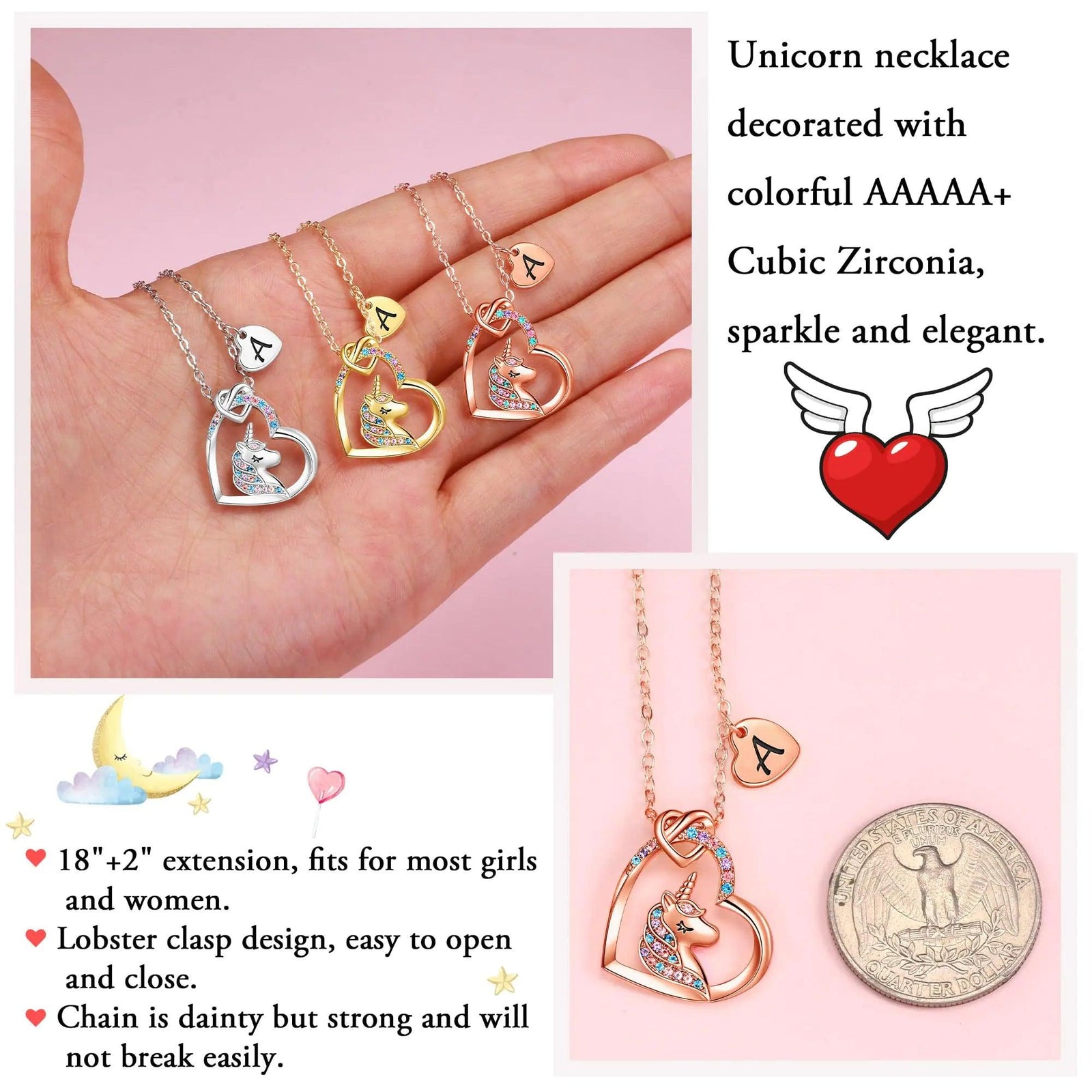 Hidepoo Unicorn Necklace for Girls Gifts - 14K Gold/Rose Gold/White Gold Plated Cubic Zirconia Heart Unicorn Necklace Gifts Jewelry Initial Unicorn Necklace Birthday Gifts Unicorns Gifts for Girls D Rose Gold - Evallys.com # #