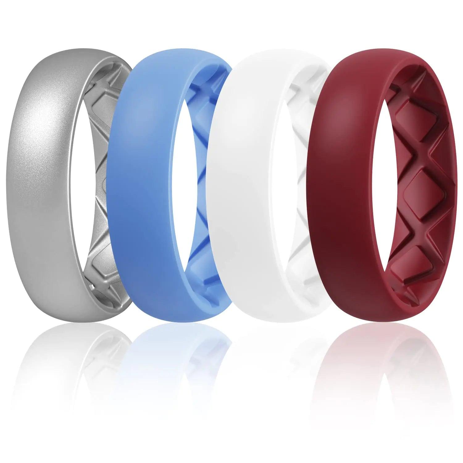 Egnaro Inner Arc Ergonomic Breathable Design, Silicone Rings for Women with Half Sizes, Women's Silicone Wedding Band, 6mm Wide - 2mm Thick T3-Metallic Silver, Blue, White, Maroon 3.5-4(17.83mm) - Evallys.com # #