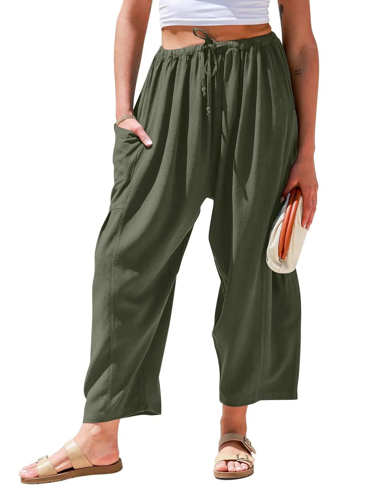 TARSE Womens Linen Wide Leg Pants Casual Loose Drawstring Low Waist Beach Palazzo Harem Pants with Pockets Large Green - Evallys.com # #